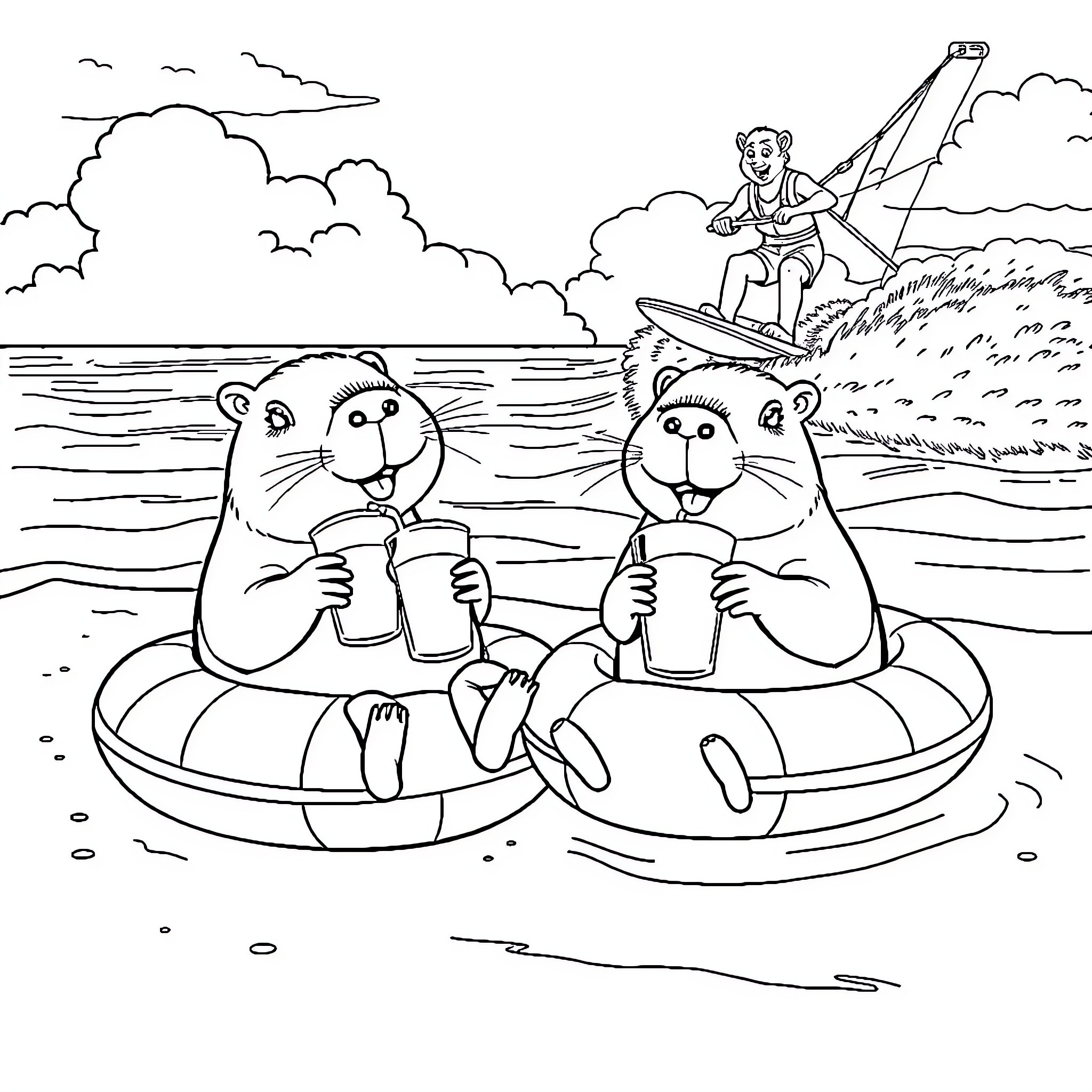 Capybara friends enjoy a summer day by the lake Coloring Page (free black-and-white line drawing printable PDF for all, from beginners to advanced learners, including children, teens, adults, and seniors)