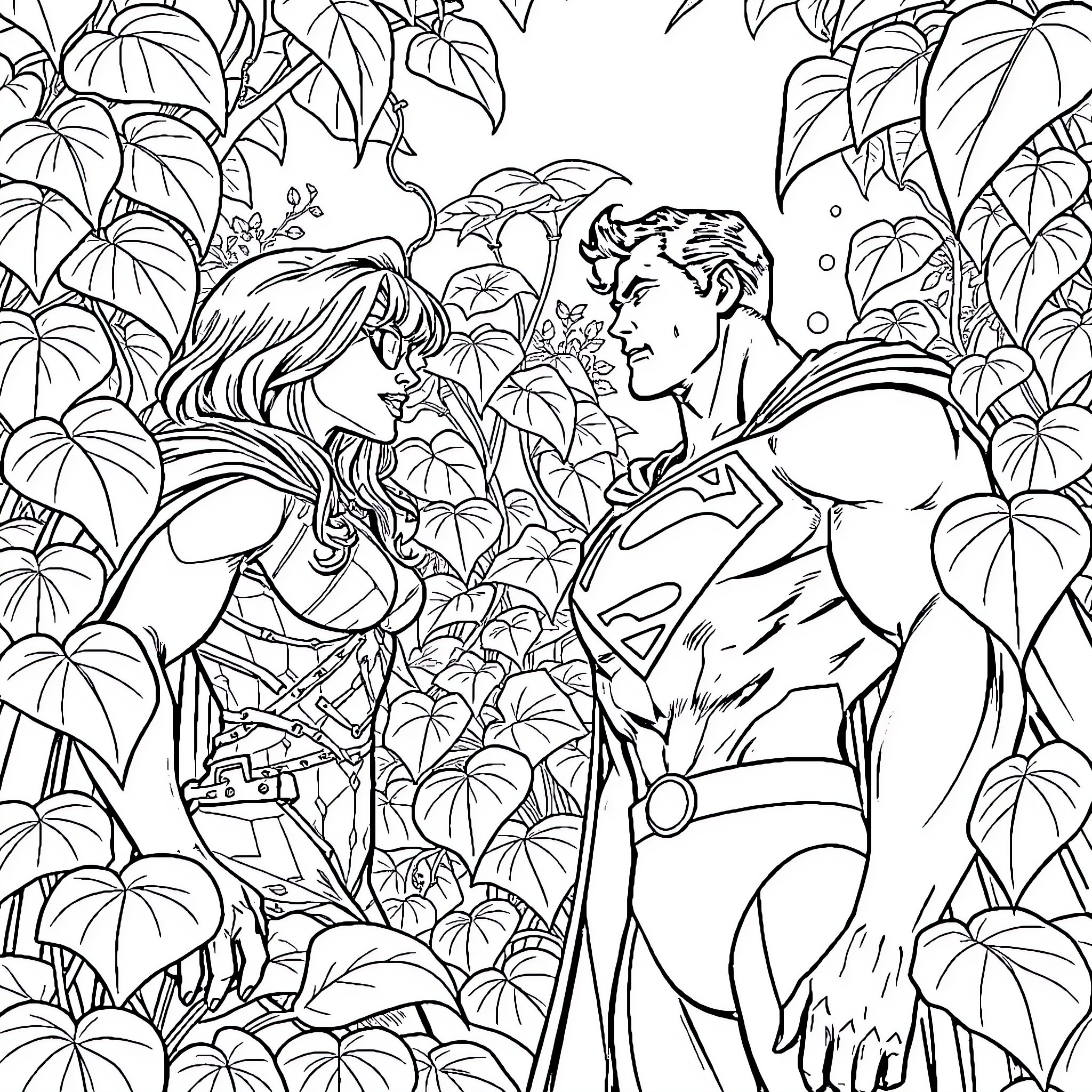 Superman's romantic encounter in lush foliage Coloring Page (free black-and-white line drawing printable PDF for all, from beginners to advanced learners, including children, teens, adults, and seniors)