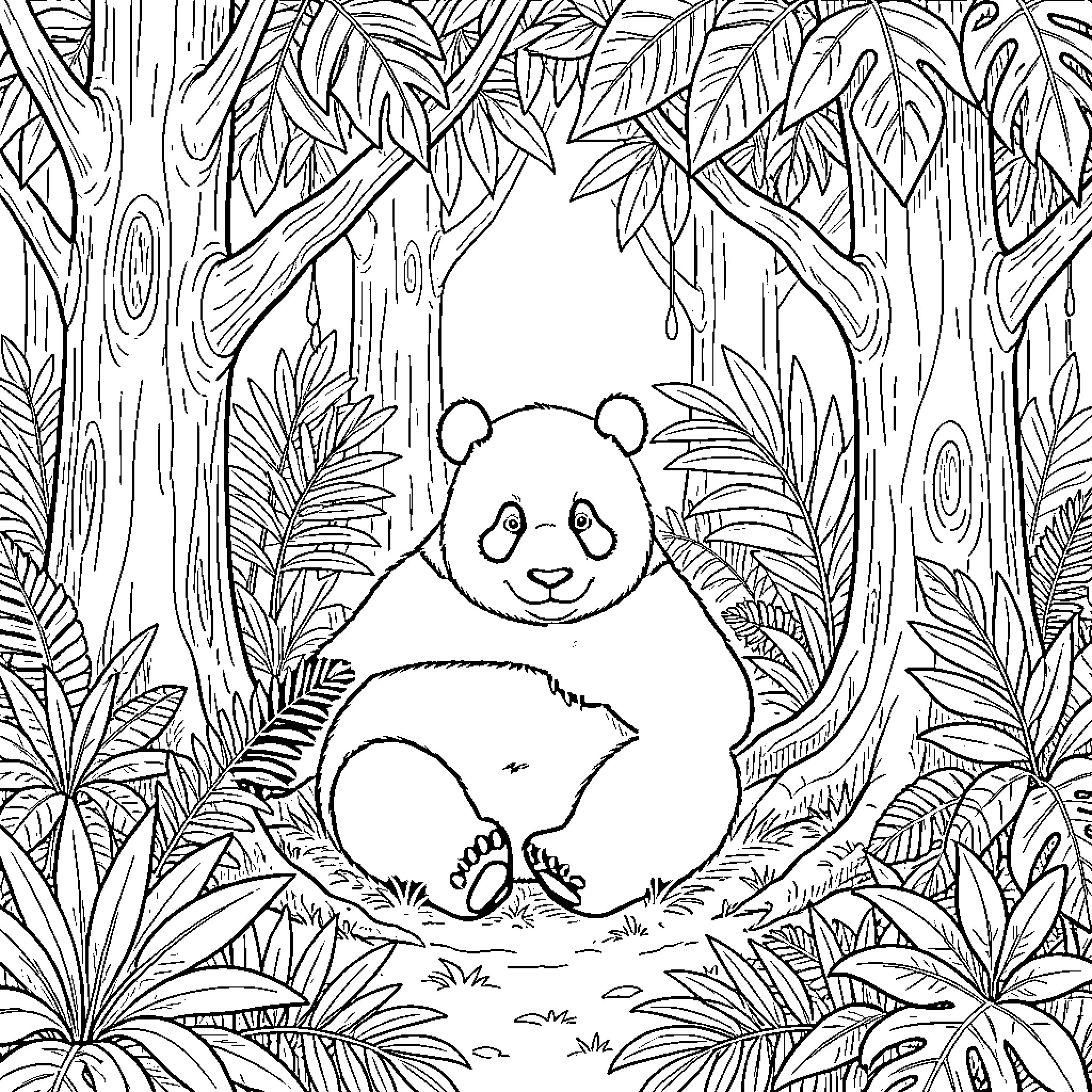 Panda sitting peacefully in a lush tropical forest Coloring Page (free black-and-white line drawing printable PDF for all, from beginners to advanced learners, including children, teens, adults, and seniors)
