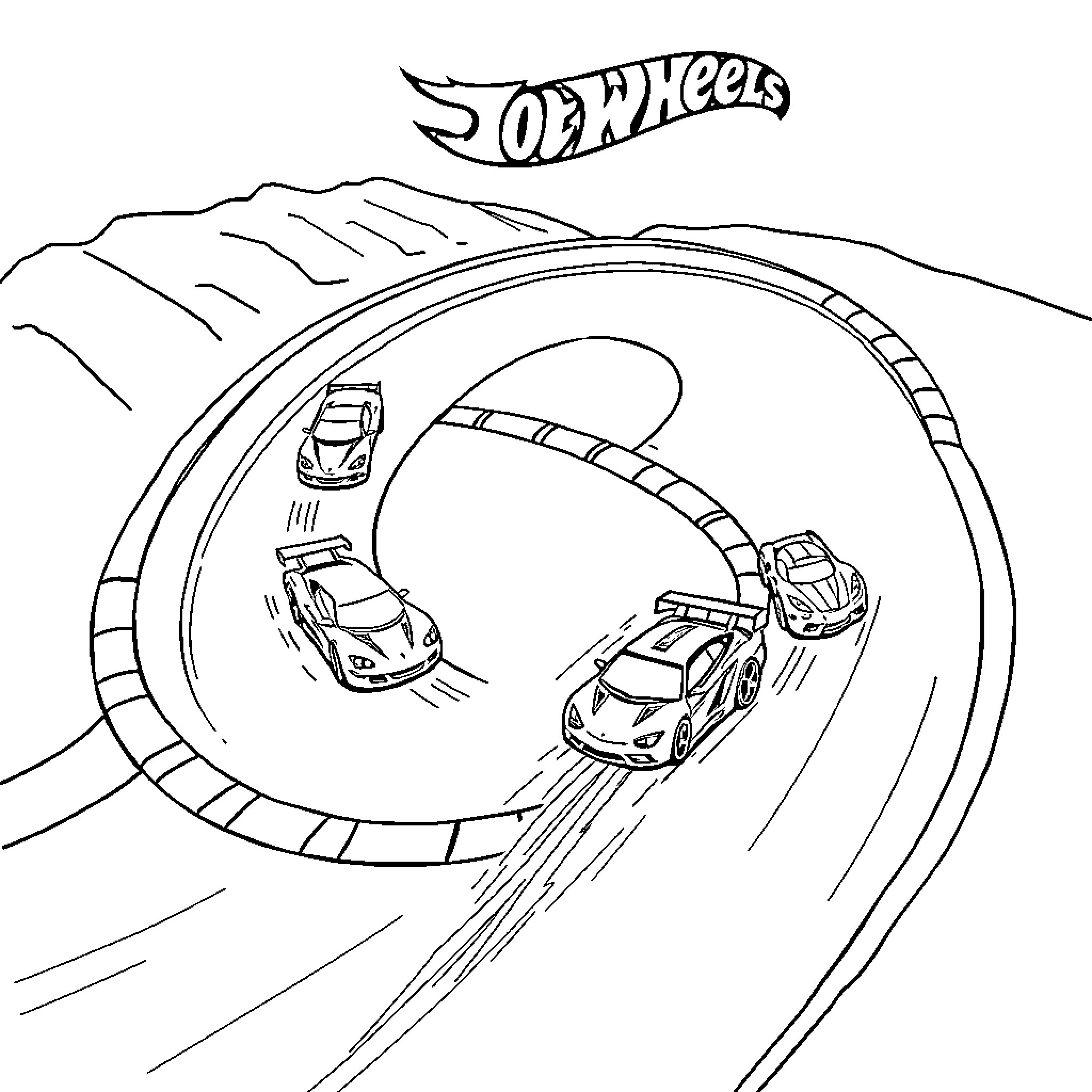Car racing stunt on a winding track Coloring Page (free black-and-white line drawing printable PDF for all, from beginners to advanced learners, including children, teens, adults, and seniors)