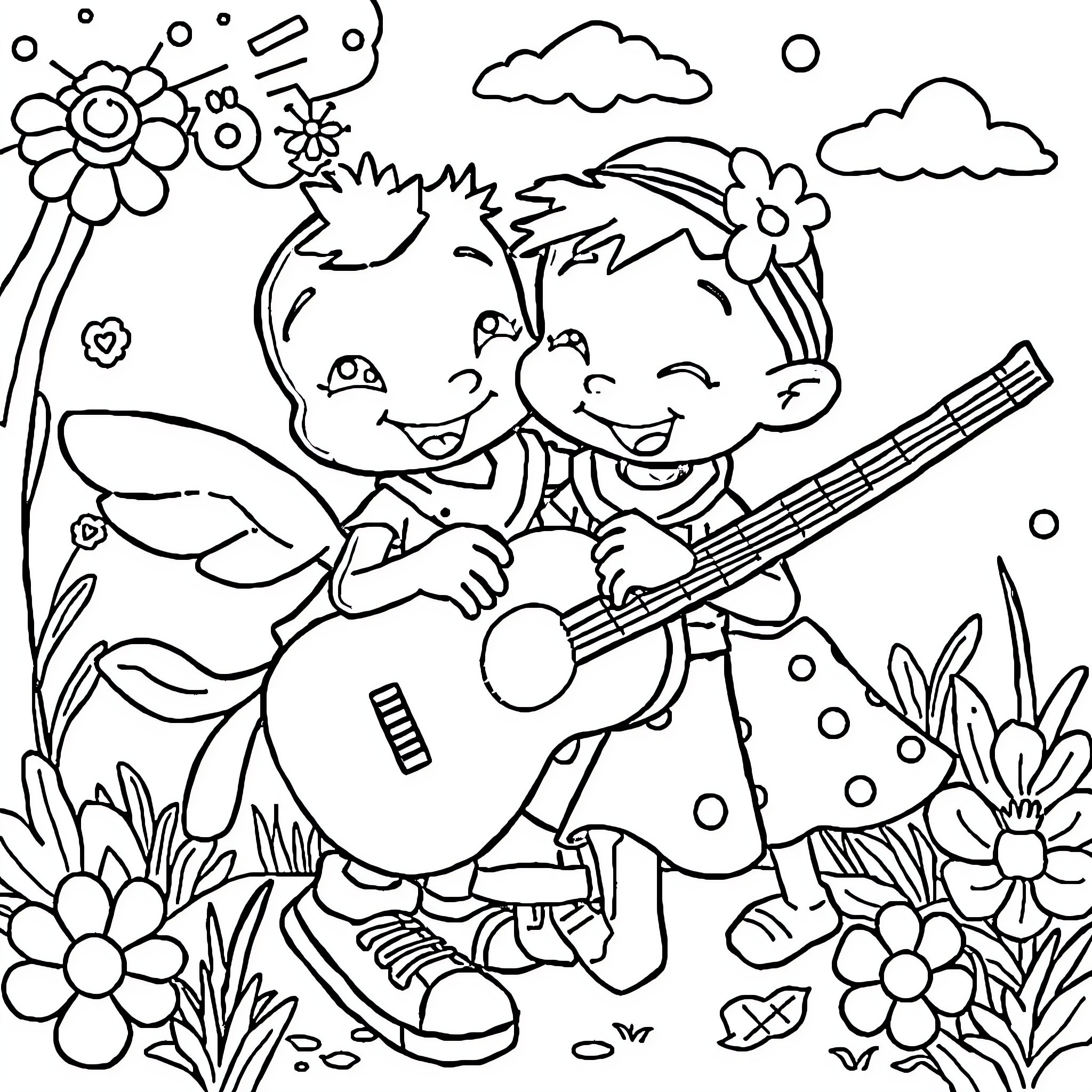 Bluey's Outdoor Music Adventure Coloring Page (free black-and-white line drawing printable PDF for all, from beginners to advanced learners, including children, teens, adults, and seniors)