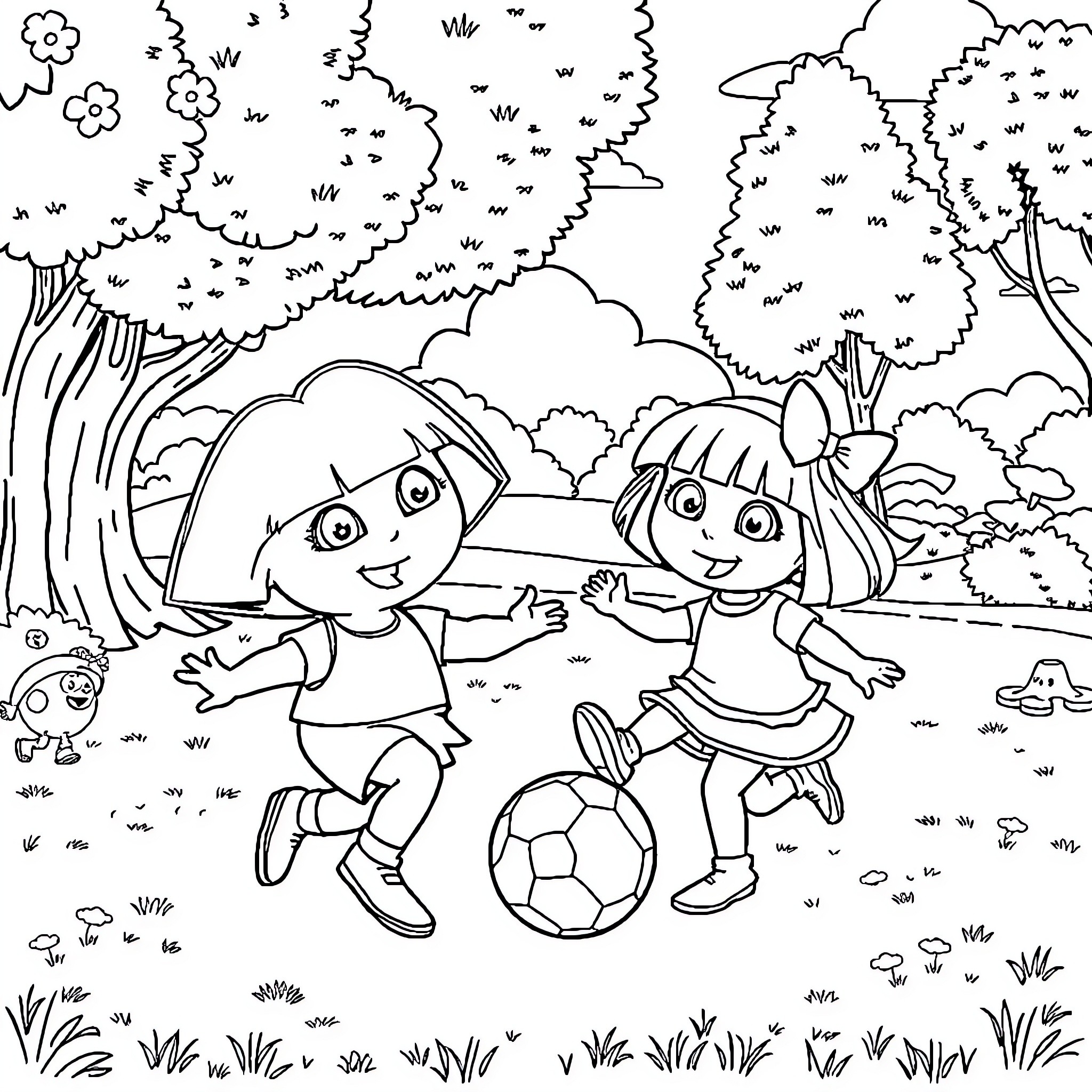 Dora and Boots playing together in the forest Coloring Page (free black-and-white line drawing printable PDF for all, from beginners to advanced learners, including children, teens, adults, and seniors)