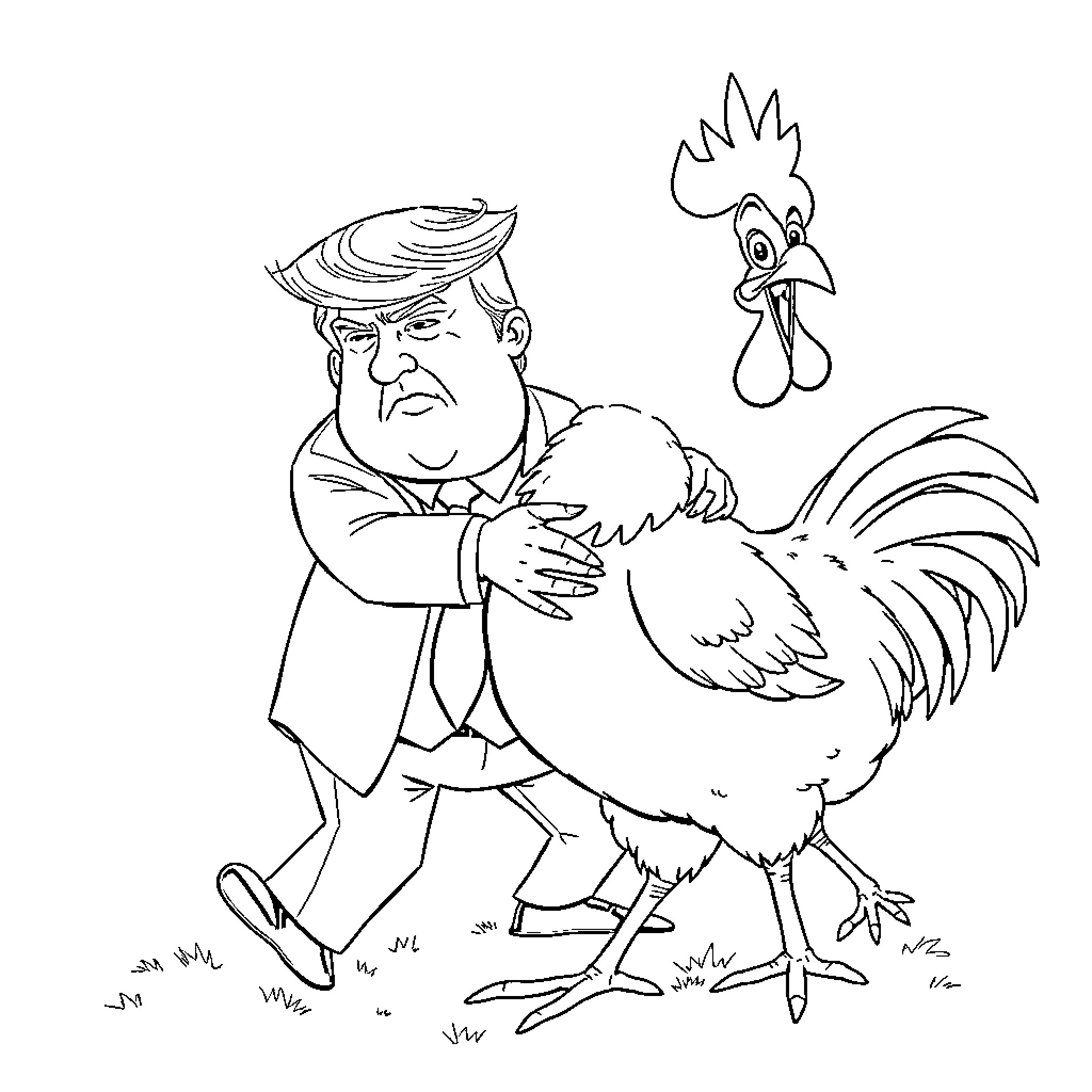 Trump Embracing an Animated Rooster Coloring Page (free black-and-white line drawing printable PDF for all, from beginners to advanced learners, including children, teens, adults, and seniors)