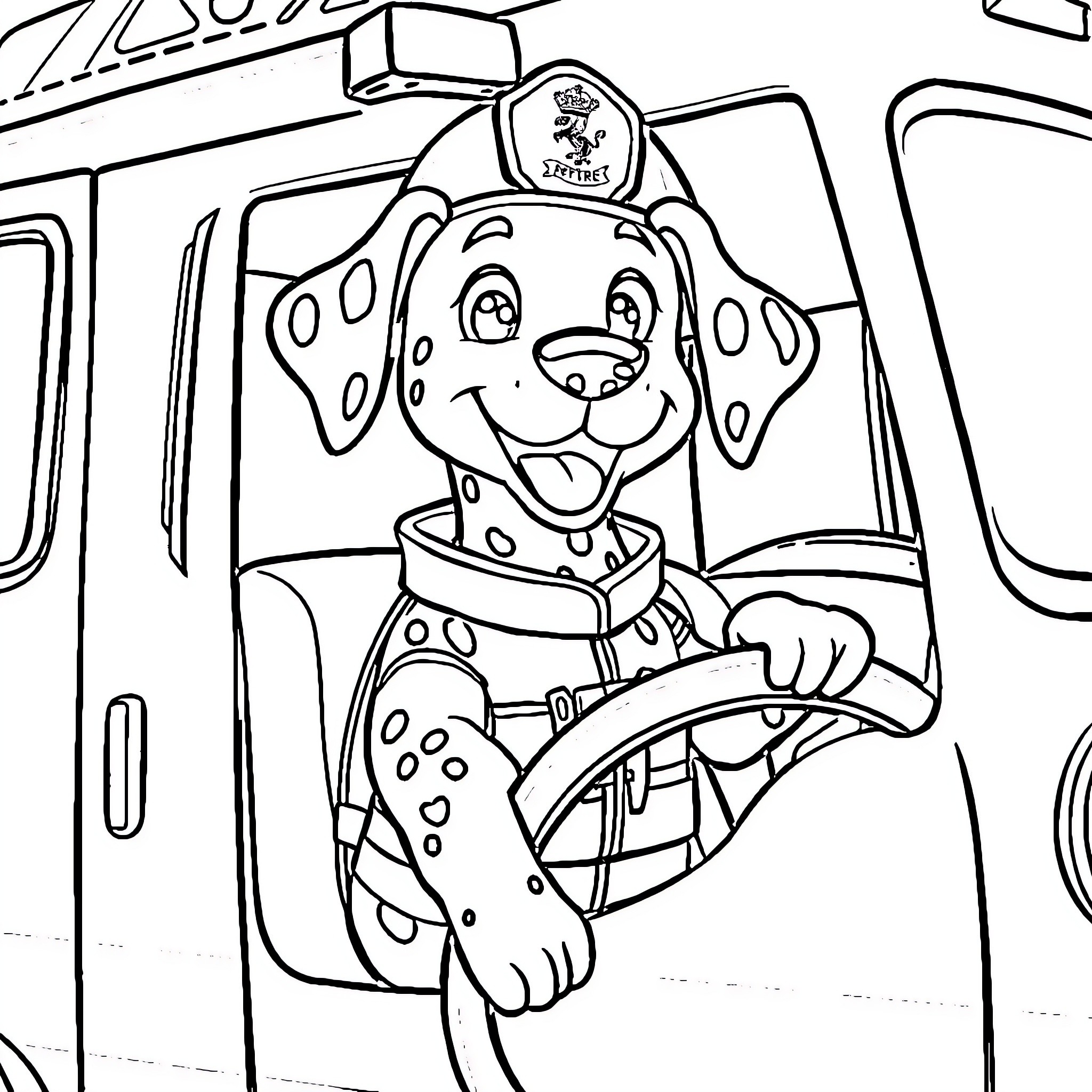 Dalmatian firefighter driving fire truck happily Coloring Page (free black-and-white line drawing printable PDF for all, from beginners to advanced learners, including children, teens, adults, and seniors)