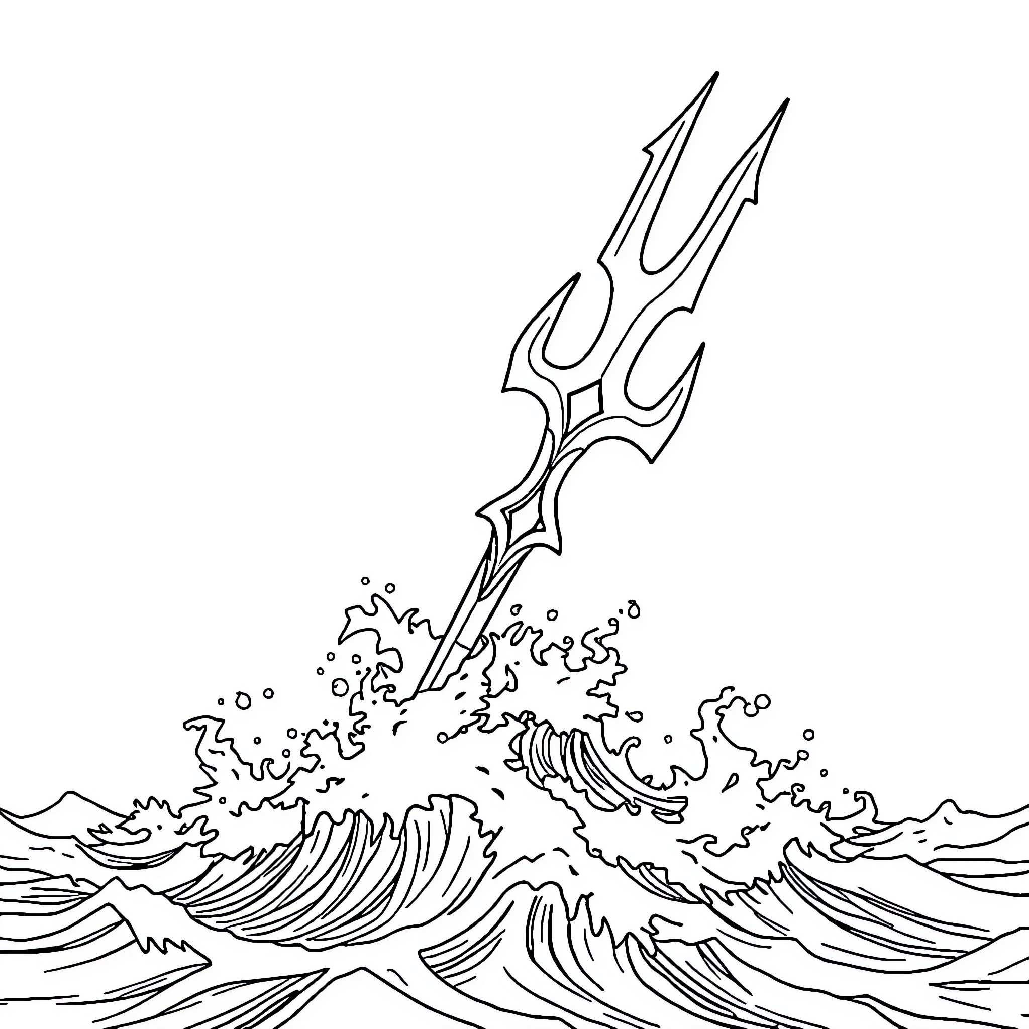 Trident emerging from the stormy waves Coloring Page (free black-and-white line drawing printable PDF for all, from beginners to advanced learners, including children, teens, adults, and seniors)
