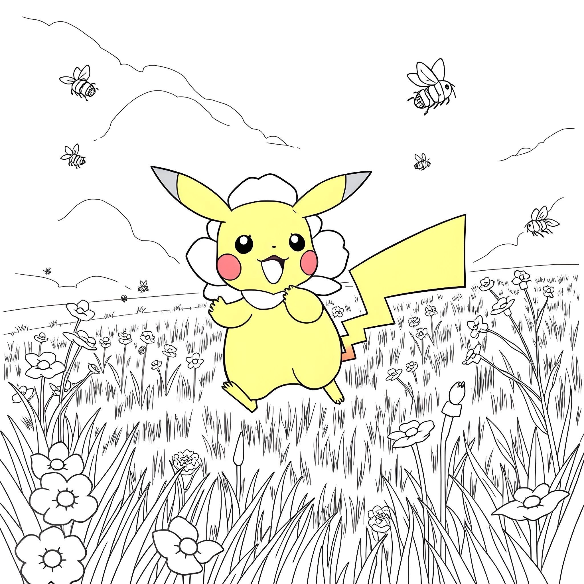 Pikachu frolicking in a flower field with buzzing bees Coloring Page (free black-and-white line drawing printable PDF for all, from beginners to advanced learners, including children, teens, adults, and seniors)