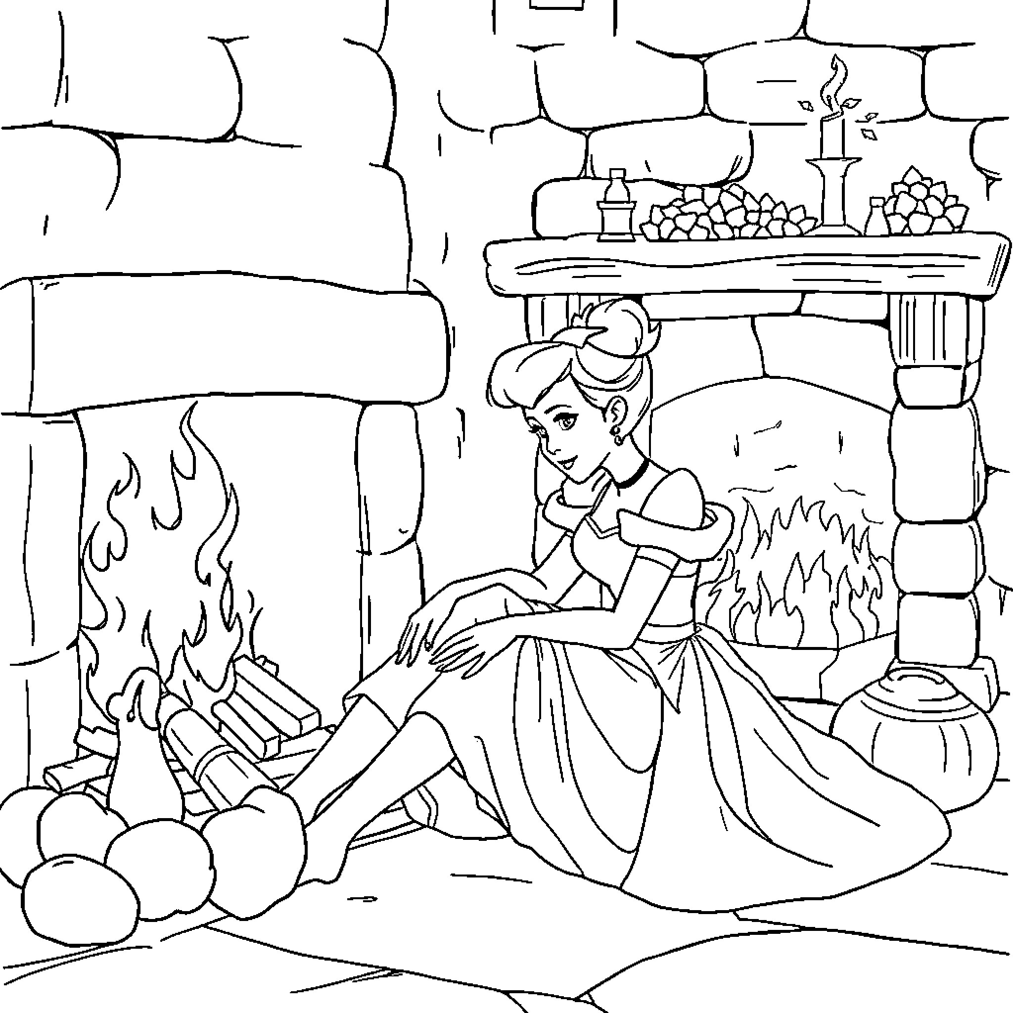 Ashputle Resting by the Fireplace Coloring Page (free black-and-white line drawing printable PDF for all, from beginners to advanced learners, including children, teens, adults, and seniors)