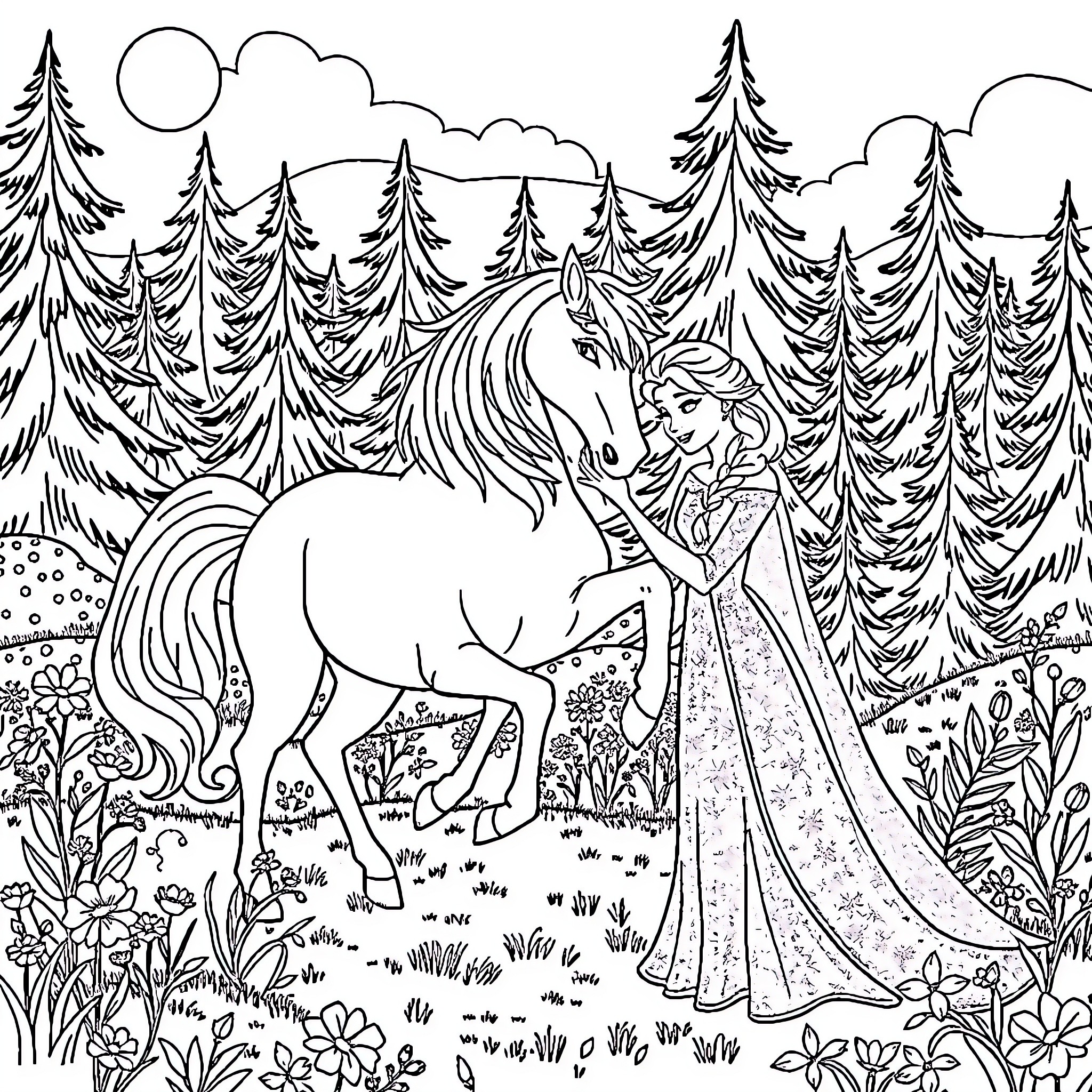Elsa's Enchanted Encounter with a Majestic Unicorn Coloring Page (free black-and-white line drawing printable PDF for all, from beginners to advanced learners, including children, teens, adults, and seniors)