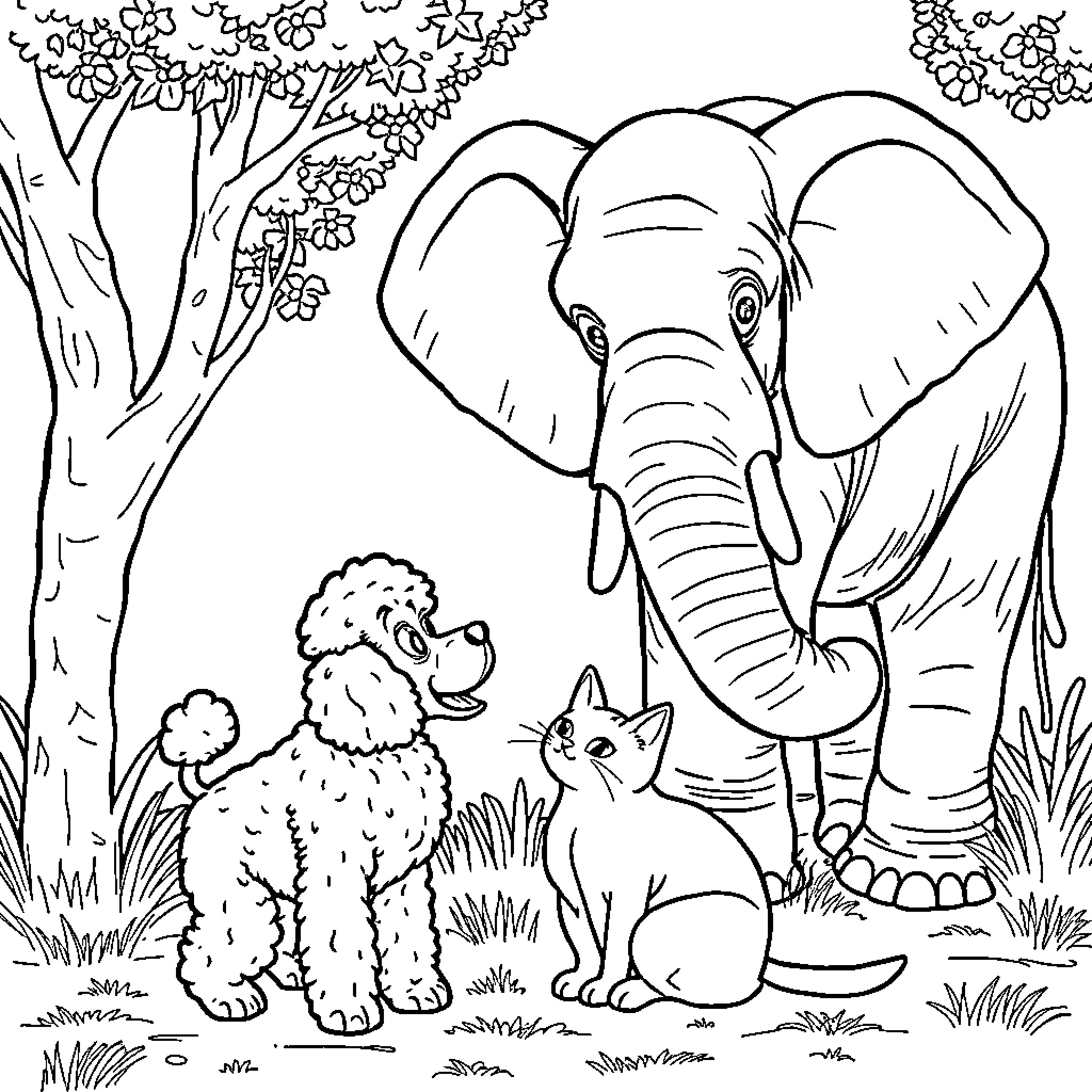 Poodle, elephant, and cat in a whimsical forest scene Coloring Page (free black-and-white line drawing printable PDF for all, from beginners to advanced learners, including children, teens, adults, and seniors)