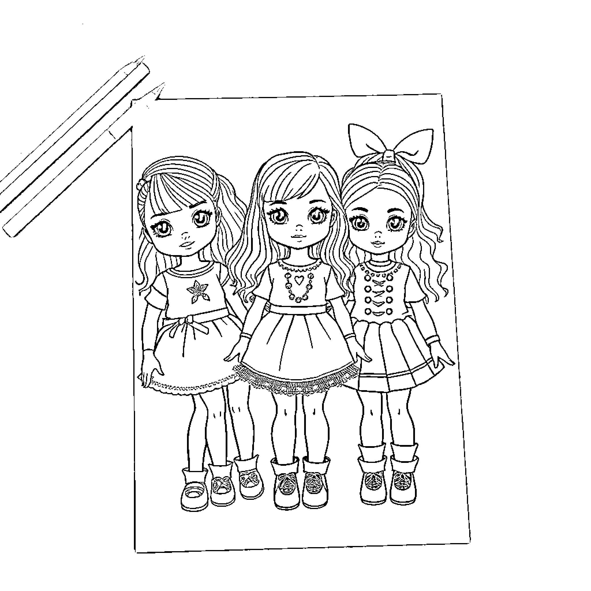Doll friends in cute outfits and poses Coloring Page (free black-and-white line drawing printable PDF for all, from beginners to advanced learners, including children, teens, adults, and seniors)