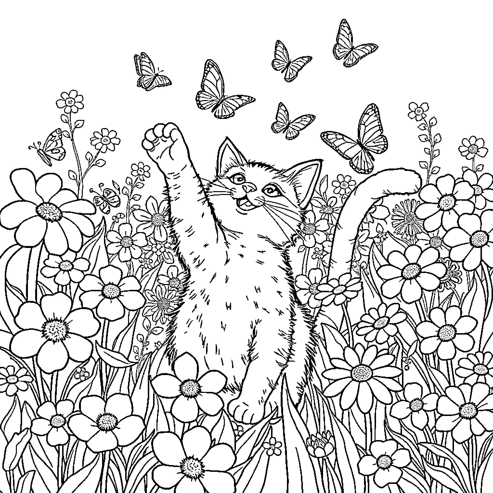 Cat in a Floral Garden with Butterflies Coloring Page (free black-and-white line drawing printable PDF for all, from beginners to advanced learners, including children, teens, adults, and seniors)