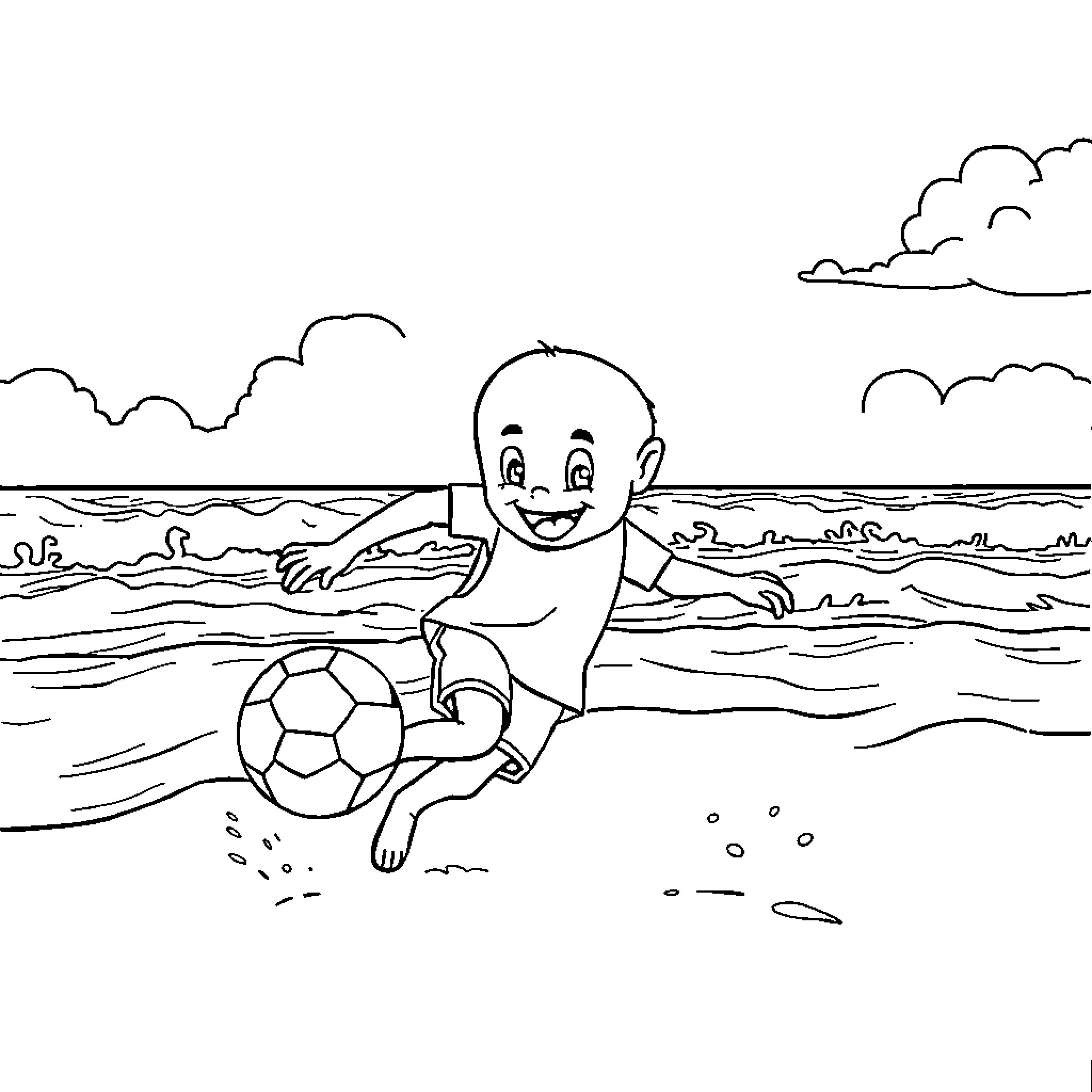 Labubu playing with a soccer ball on the beach Coloring Page (free black-and-white line drawing printable PDF for all, from beginners to advanced learners, including children, teens, adults, and seniors)