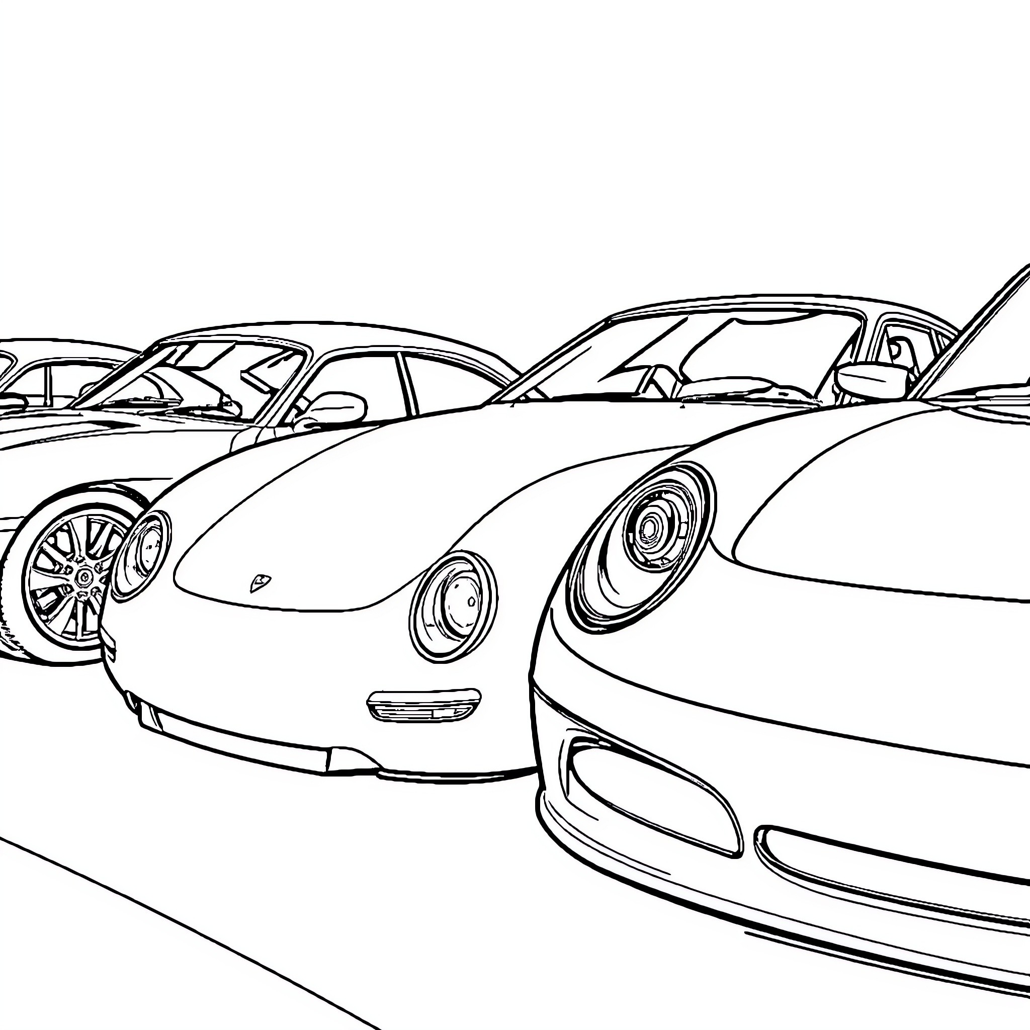 Cars parked in garage with distinctive designs Coloring Page (free black-and-white line drawing printable PDF for all, from beginners to advanced learners, including children, teens, adults, and seniors)