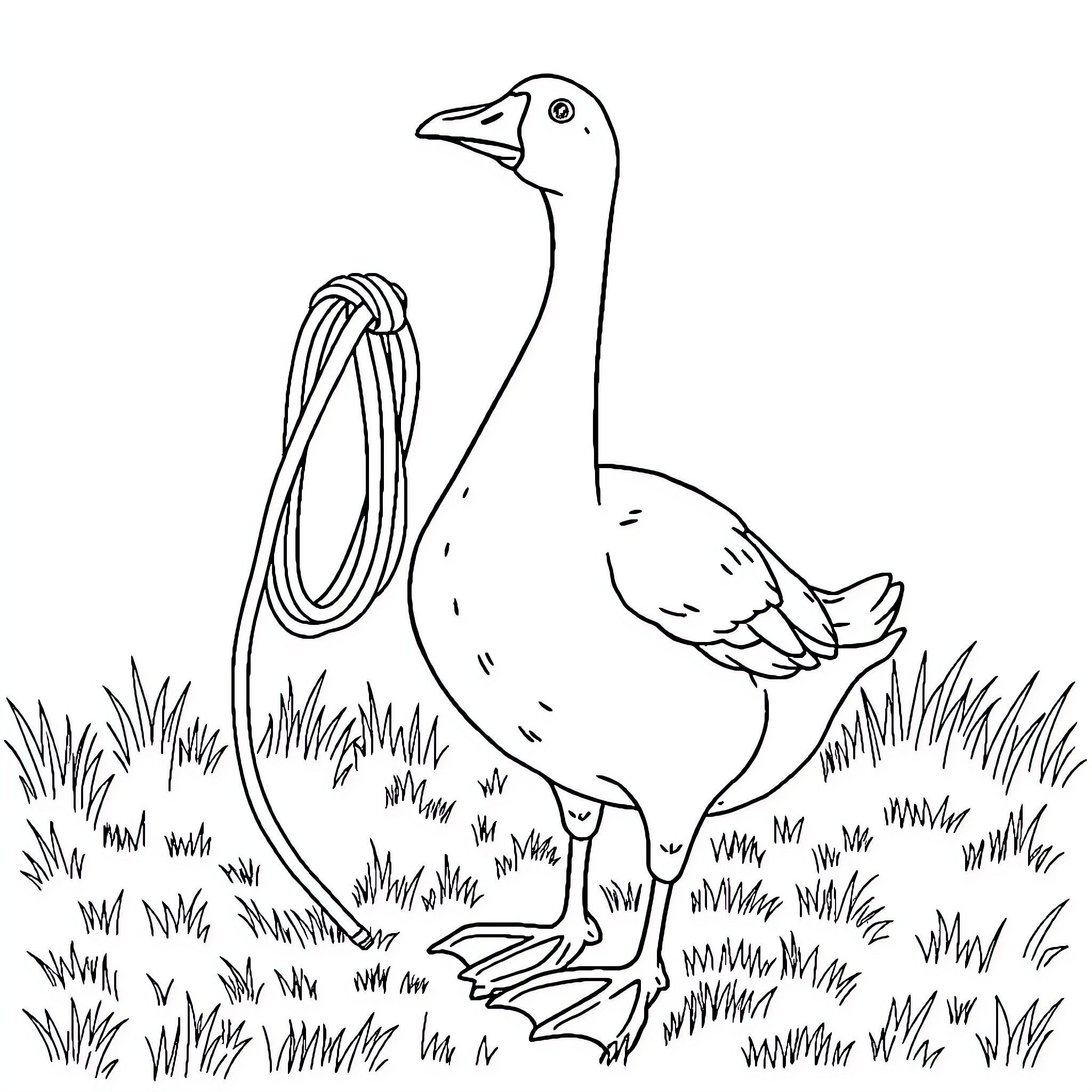 Goose strolling through grassy field Coloring Page (free black-and-white line drawing printable PDF for all, from beginners to advanced learners, including children, teens, adults, and seniors)