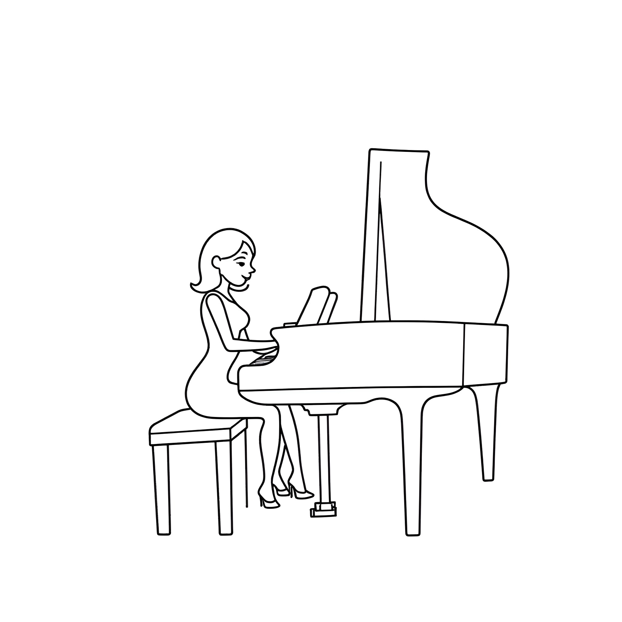 Woman playing the piano with focus and concentration Coloring Page (free black-and-white line drawing printable PDF for all, from beginners to advanced learners, including children, teens, adults, and seniors)