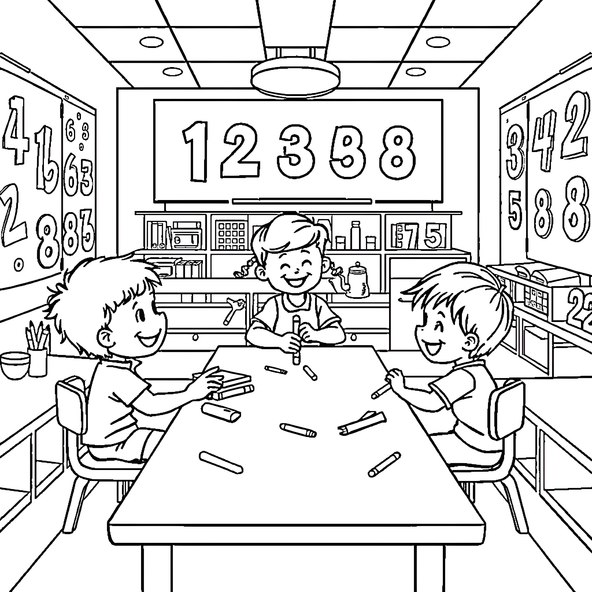 Kid students studying in the classroom Coloring Page (free black-and-white line drawing printable PDF for all, from beginners to advanced learners, including children, teens, adults, and seniors)