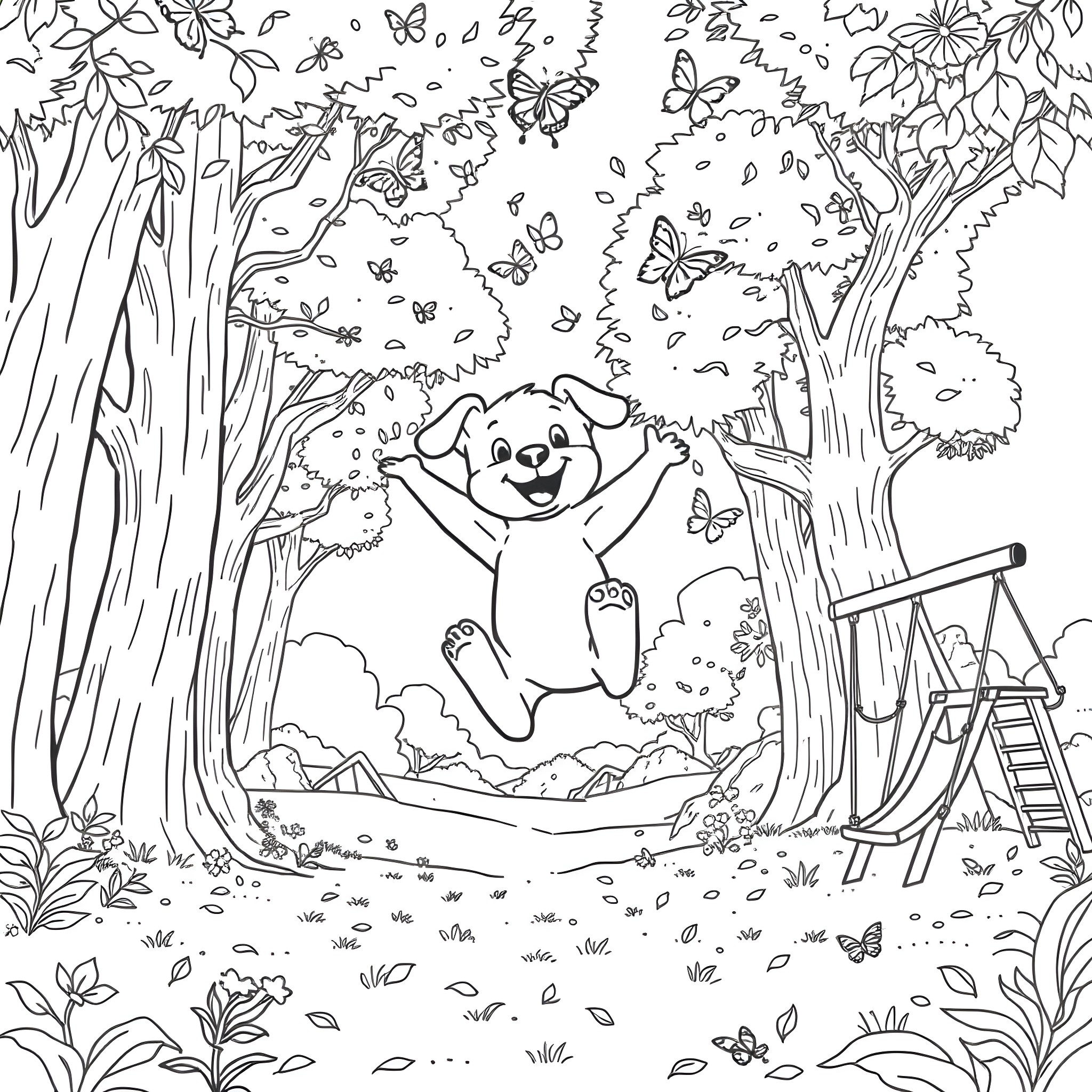 Bluey's Playful Adventure in the Enchanted Forest Coloring Page (free black-and-white line drawing printable PDF for all, from beginners to advanced learners, including children, teens, adults, and seniors)