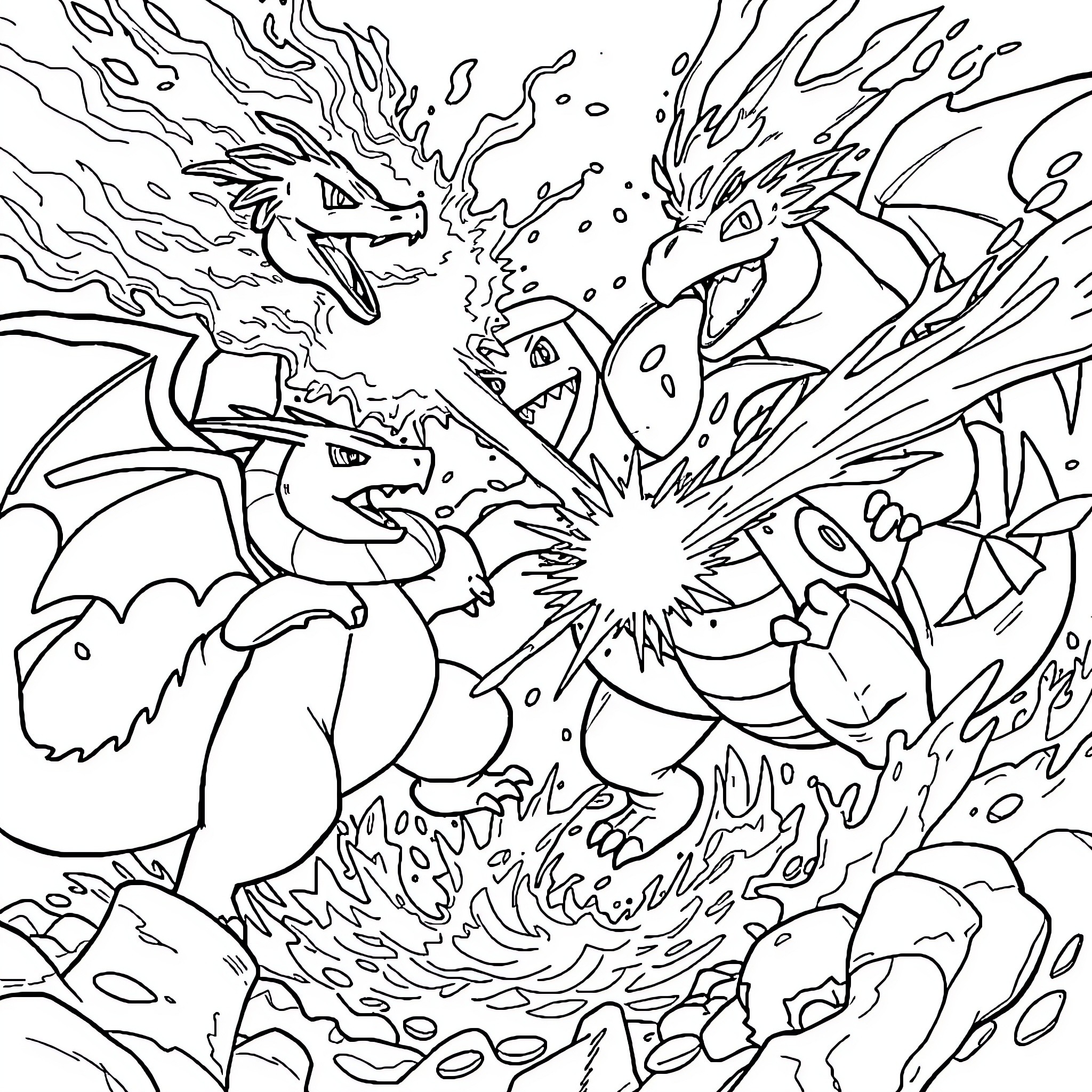Charizard Battling Fierce Opponents in Intense Clash Coloring Page (free black-and-white line drawing printable PDF for all, from beginners to advanced learners, including children, teens, adults, and seniors)