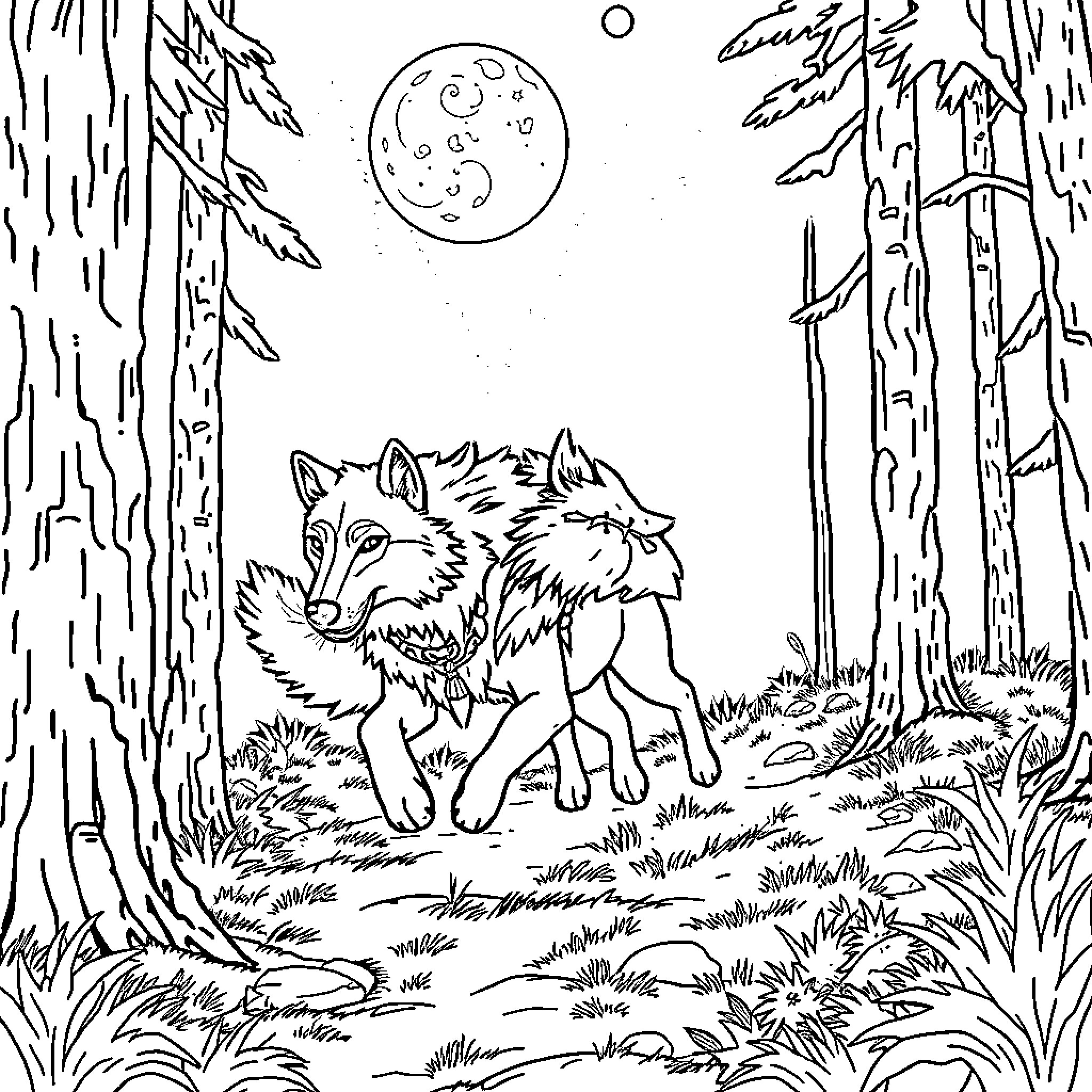 Wolf Pack Roaming in Moonlit Forest Coloring Page (free black-and-white line drawing printable PDF for all, from beginners to advanced learners, including children, teens, adults, and seniors)