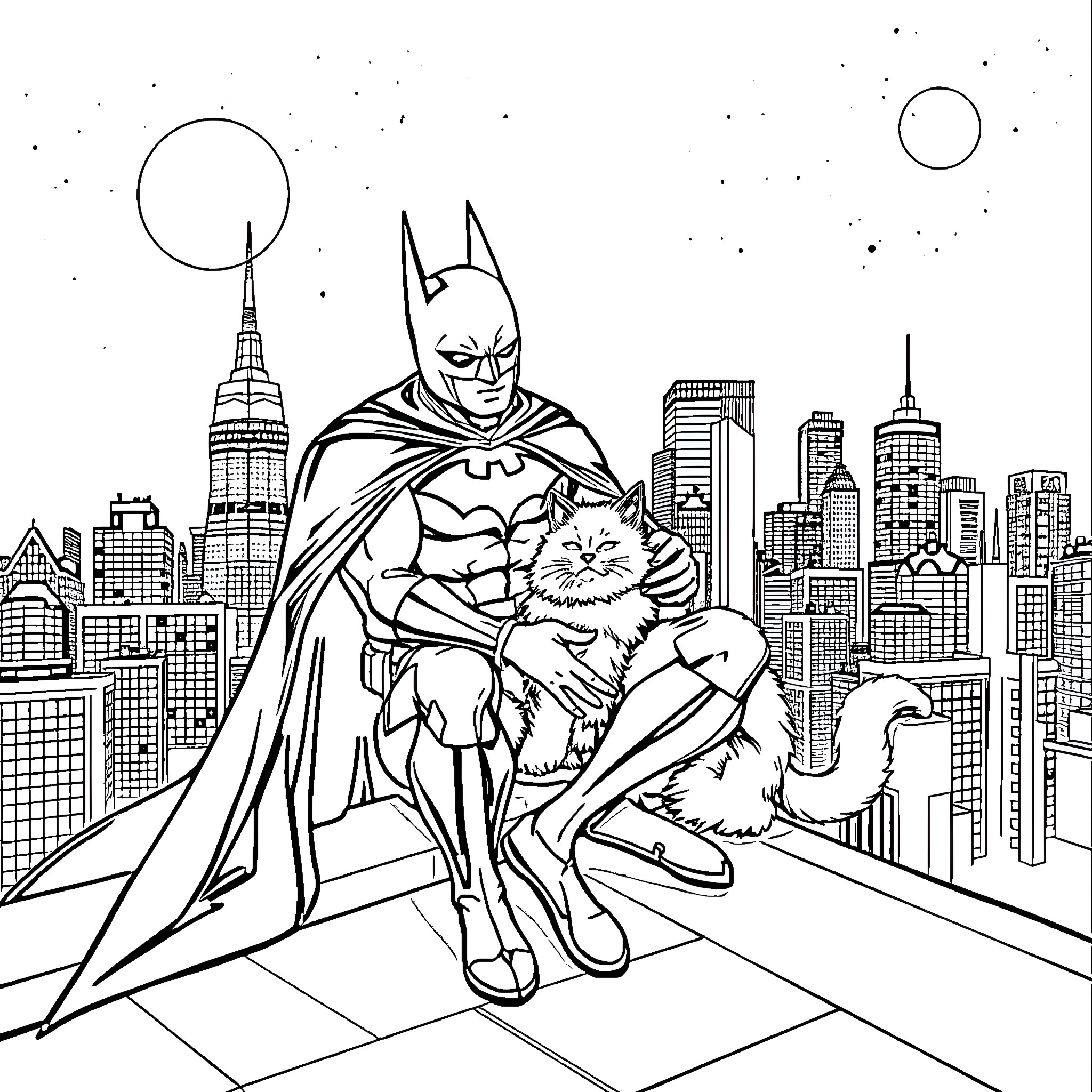 Batman protects a furry friend in the city Coloring Page (free black-and-white line drawing printable PDF for all, from beginners to advanced learners, including children, teens, adults, and seniors)