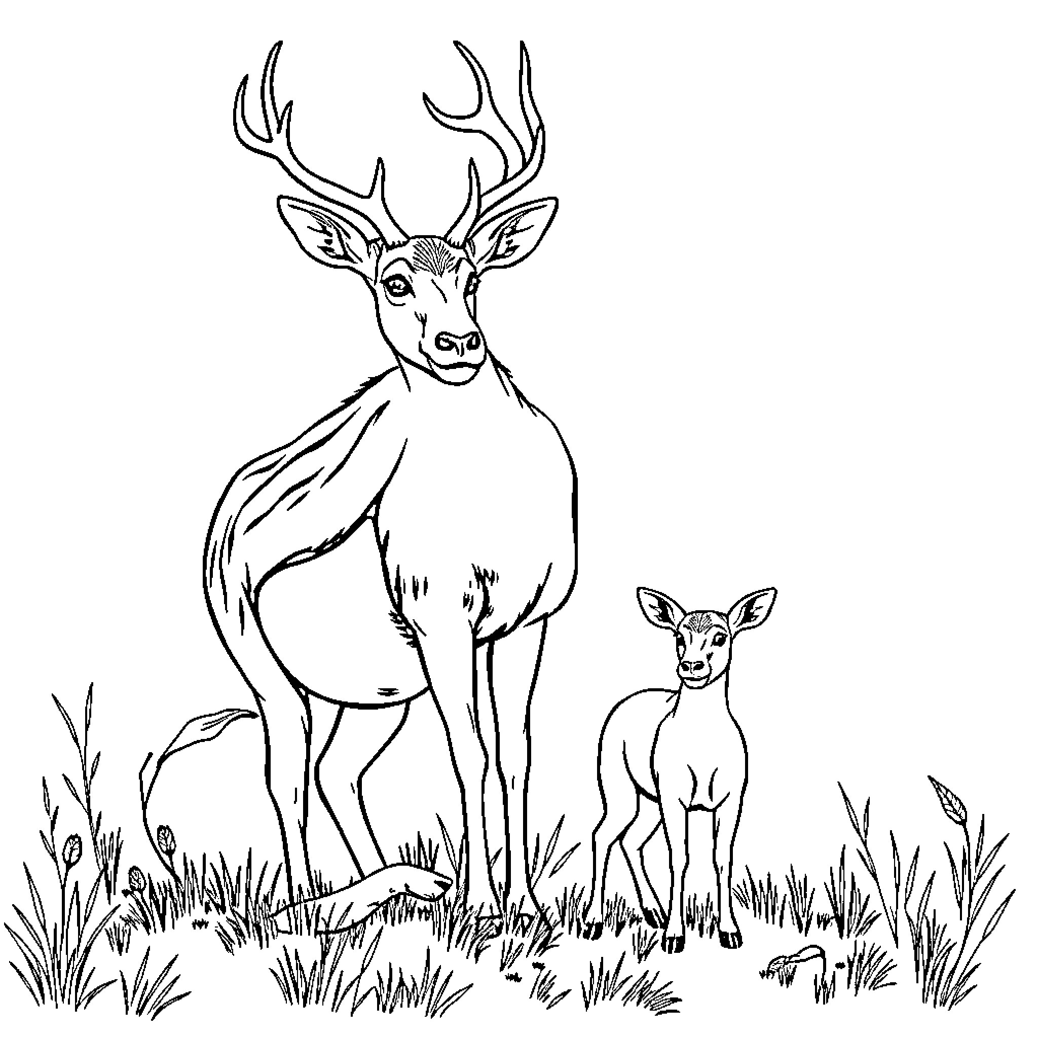 Deer and fawn in a grassy field Coloring Page (free black-and-white line drawing printable PDF for all, from beginners to advanced learners, including children, teens, adults, and seniors)