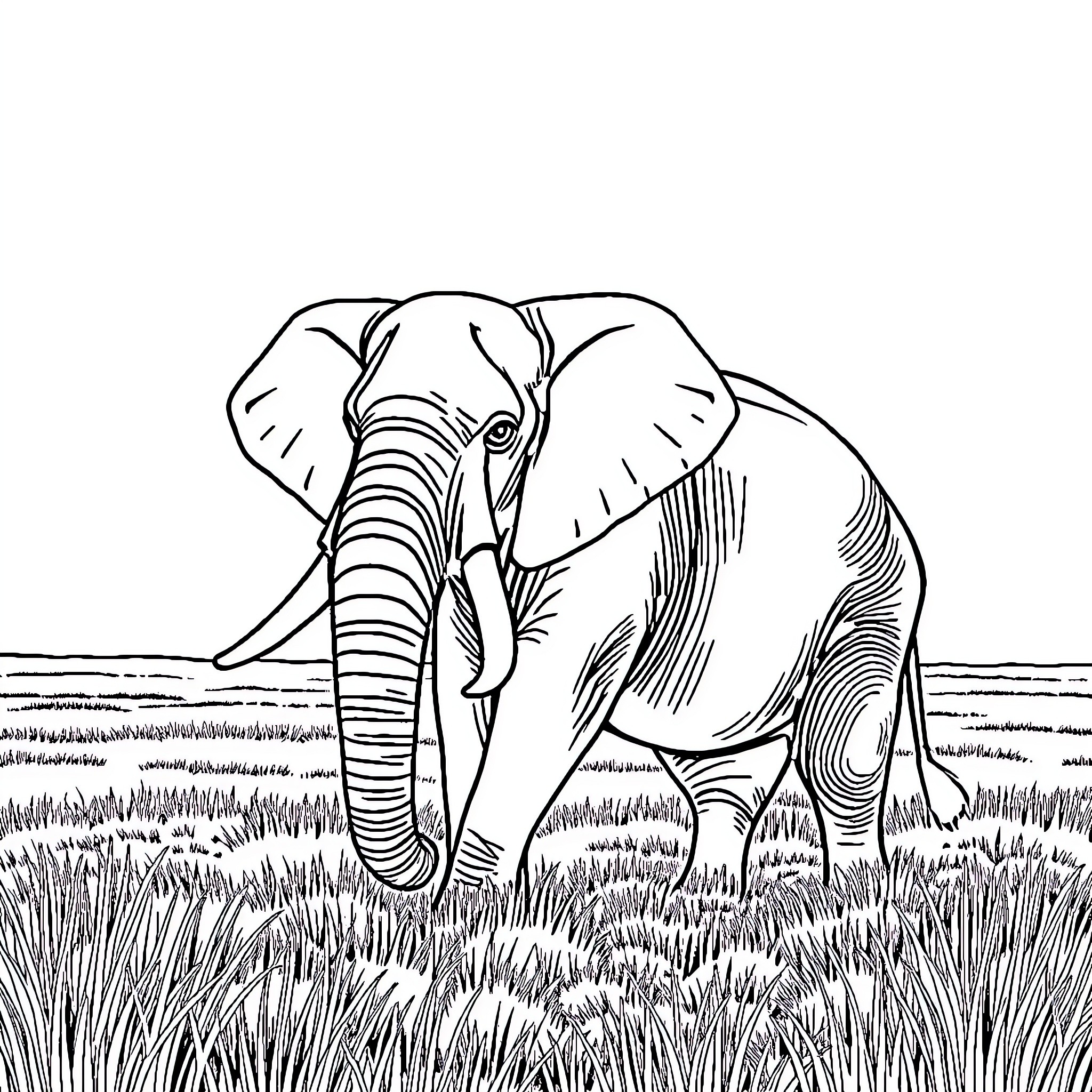 Elephant standing in tall grass Coloring Page (free black-and-white line drawing printable PDF for all, from beginners to advanced learners, including children, teens, adults, and seniors)