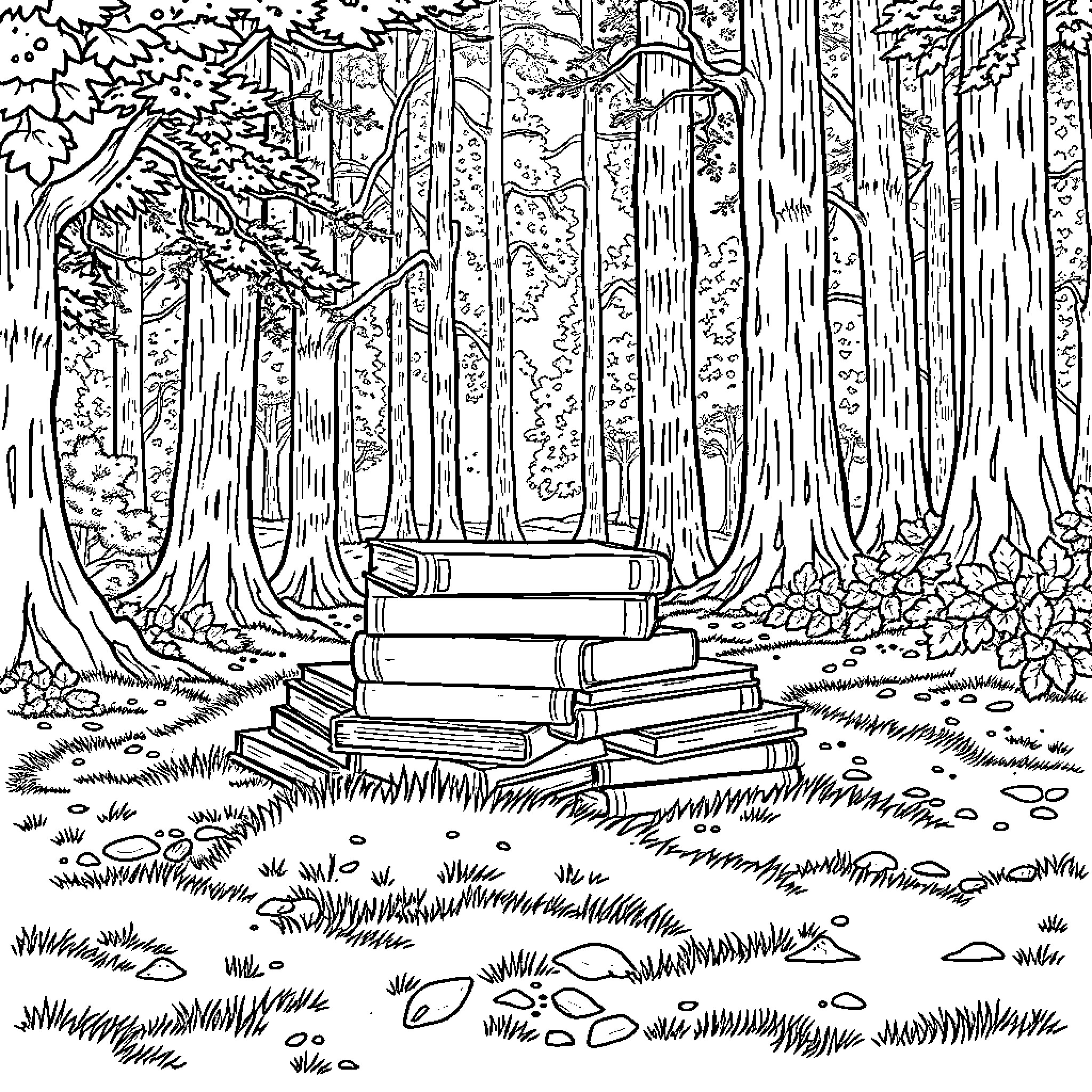 Book of knowledge in the enchanting forest Coloring Page (free black-and-white line drawing printable PDF for all, from beginners to advanced learners, including children, teens, adults, and seniors)