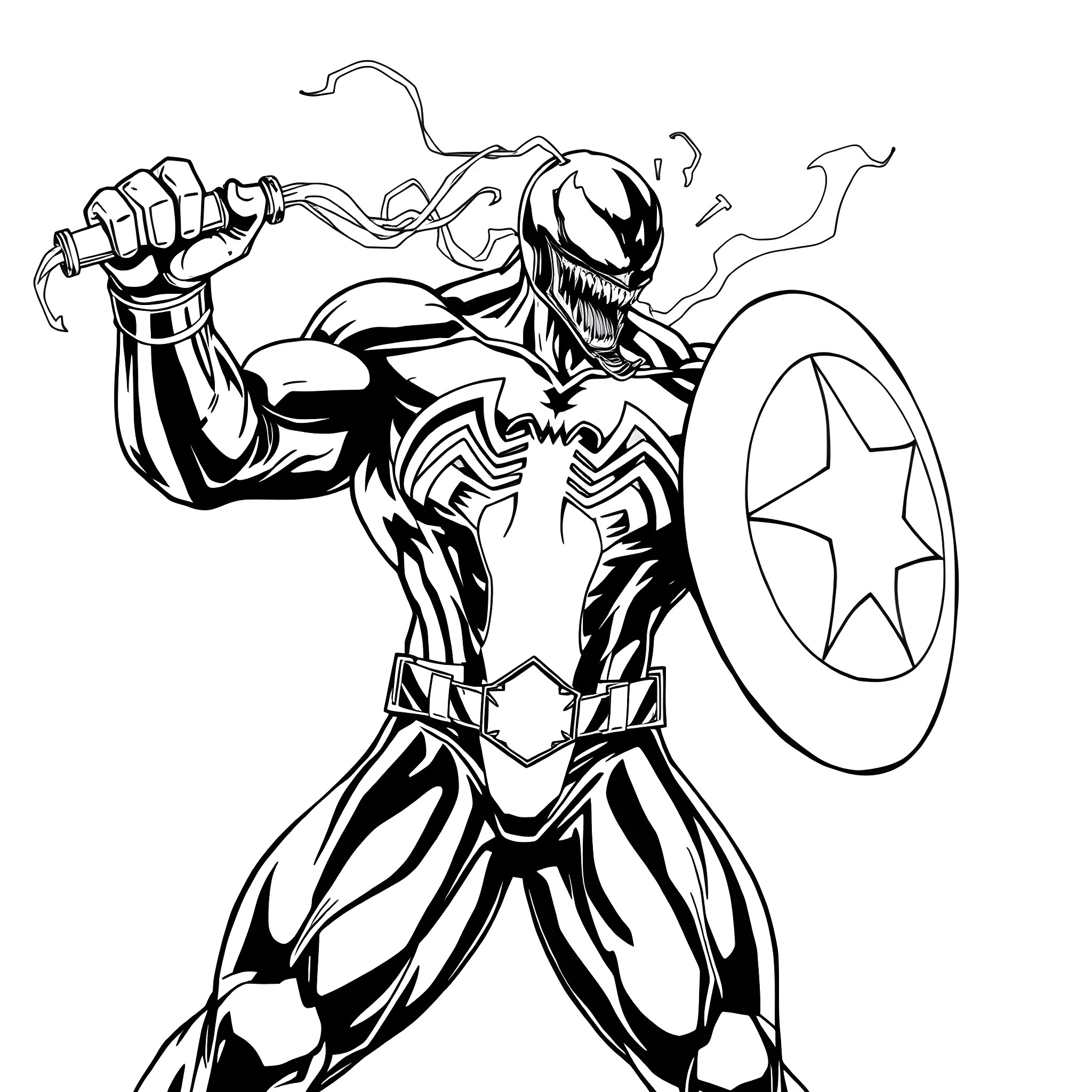 Captain Venom battles with shield and claws Coloring Page (free black-and-white line drawing printable PDF for all, from beginners to advanced learners, including children, teens, adults, and seniors)