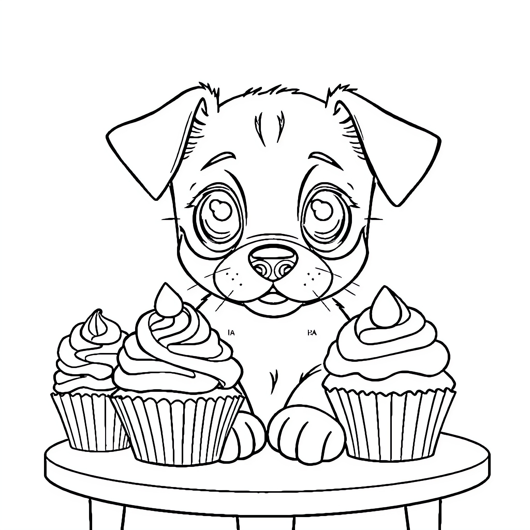 Puppy with Delightful Cupcakes Coloring Page (free black-and-white line drawing printable PDF for all, from beginners to advanced learners, including children, teens, adults, and seniors)