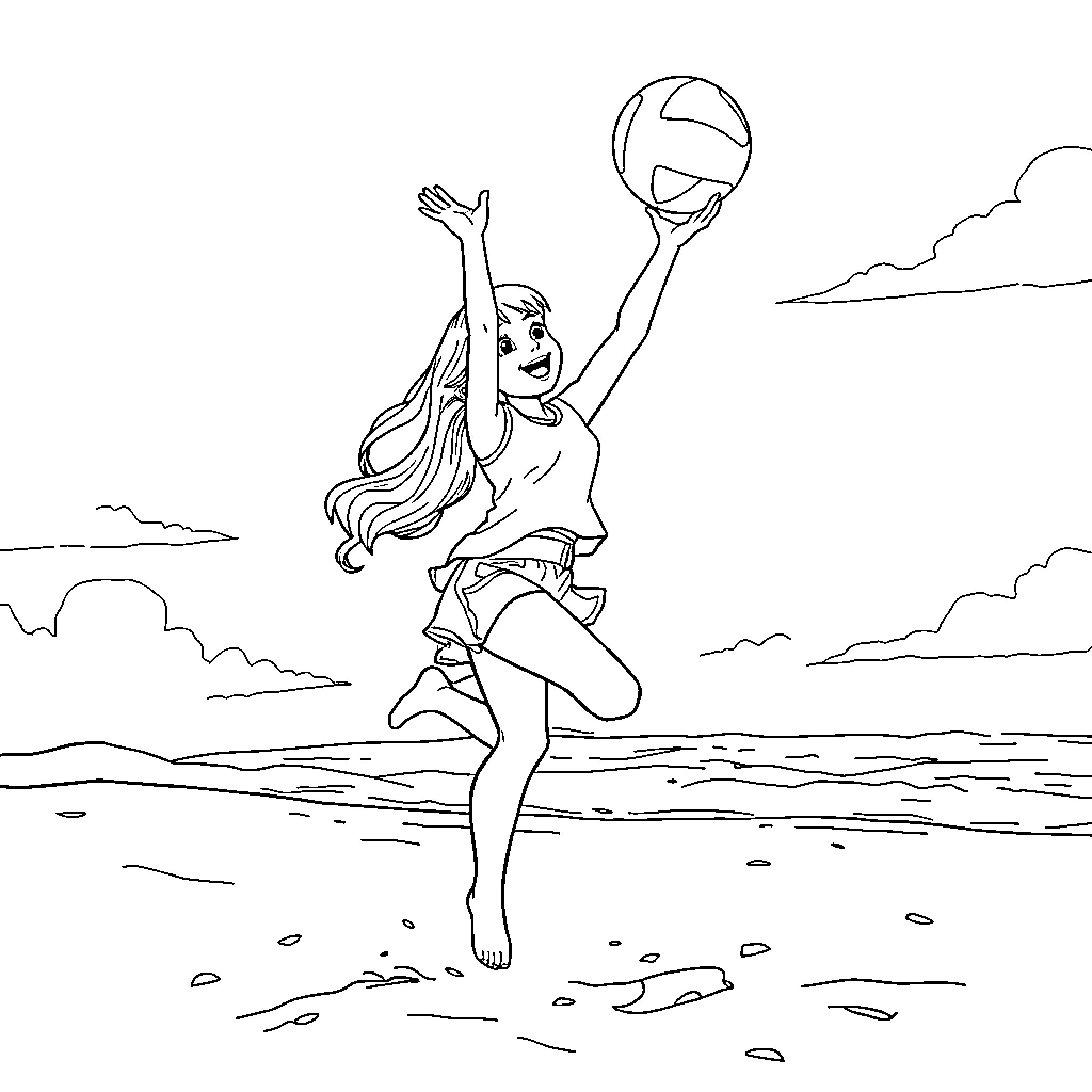 Isabella enjoying a game of beach volleyball Coloring Page (free black-and-white line drawing printable PDF for all, from beginners to advanced learners, including children, teens, adults, and seniors)