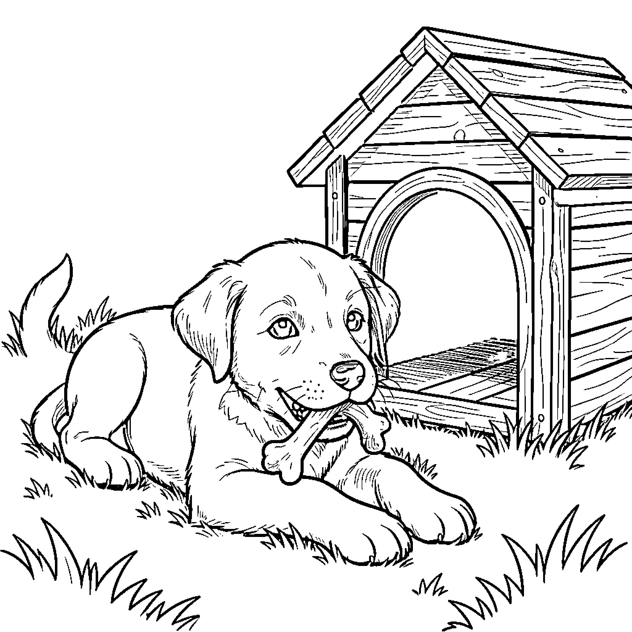 Puppy lying on the grass chewing a bone Coloring Page (free black-and-white line drawing printable PDF for all, from beginners to advanced learners, including children, teens, adults, and seniors)