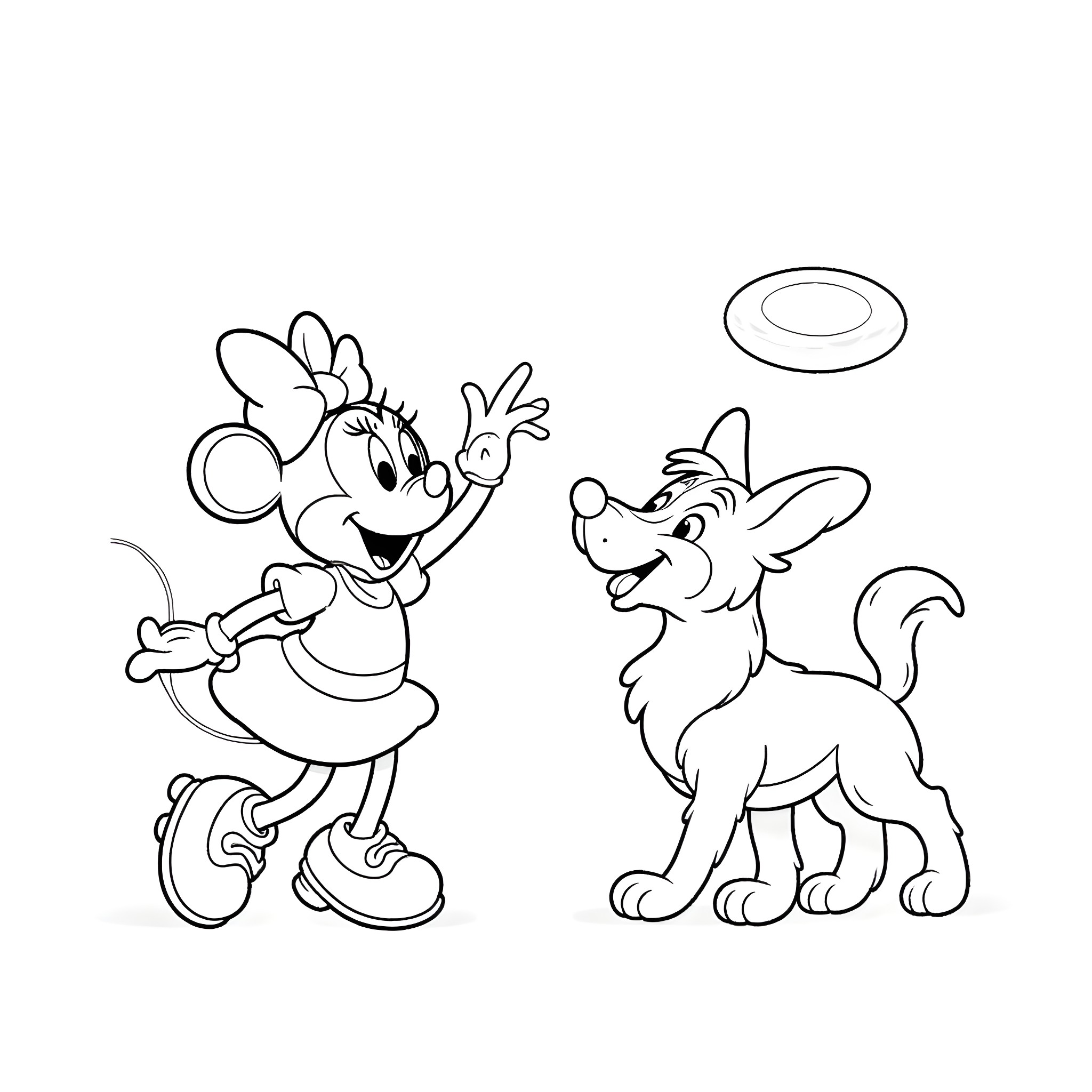 Minnie Mouse playing with a dog Coloring Page (free black-and-white line drawing printable PDF for all, from beginners to advanced learners, including children, teens, adults, and seniors)