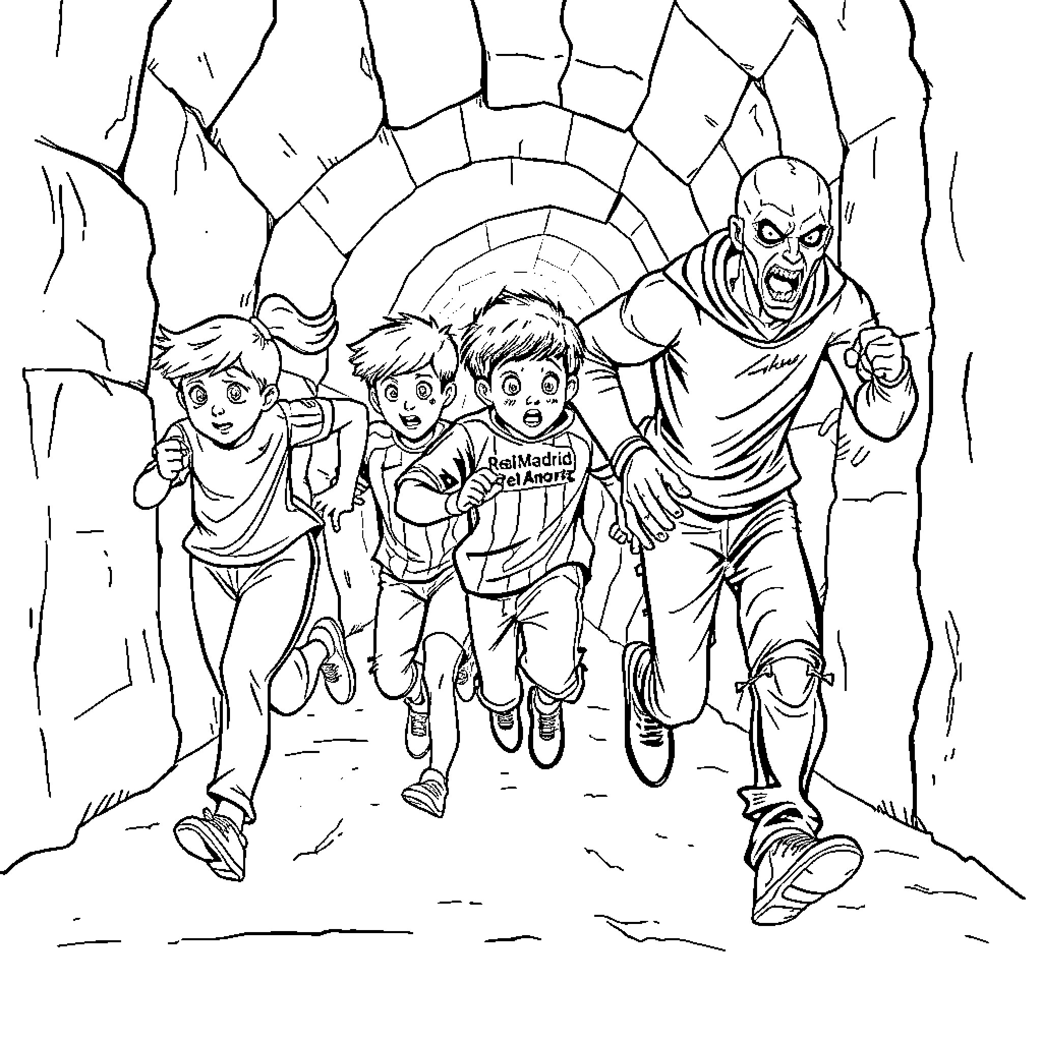 Child heroes fleeing from a monster Coloring Page (free black-and-white line drawing printable PDF for all, from beginners to advanced learners, including children, teens, adults, and seniors)