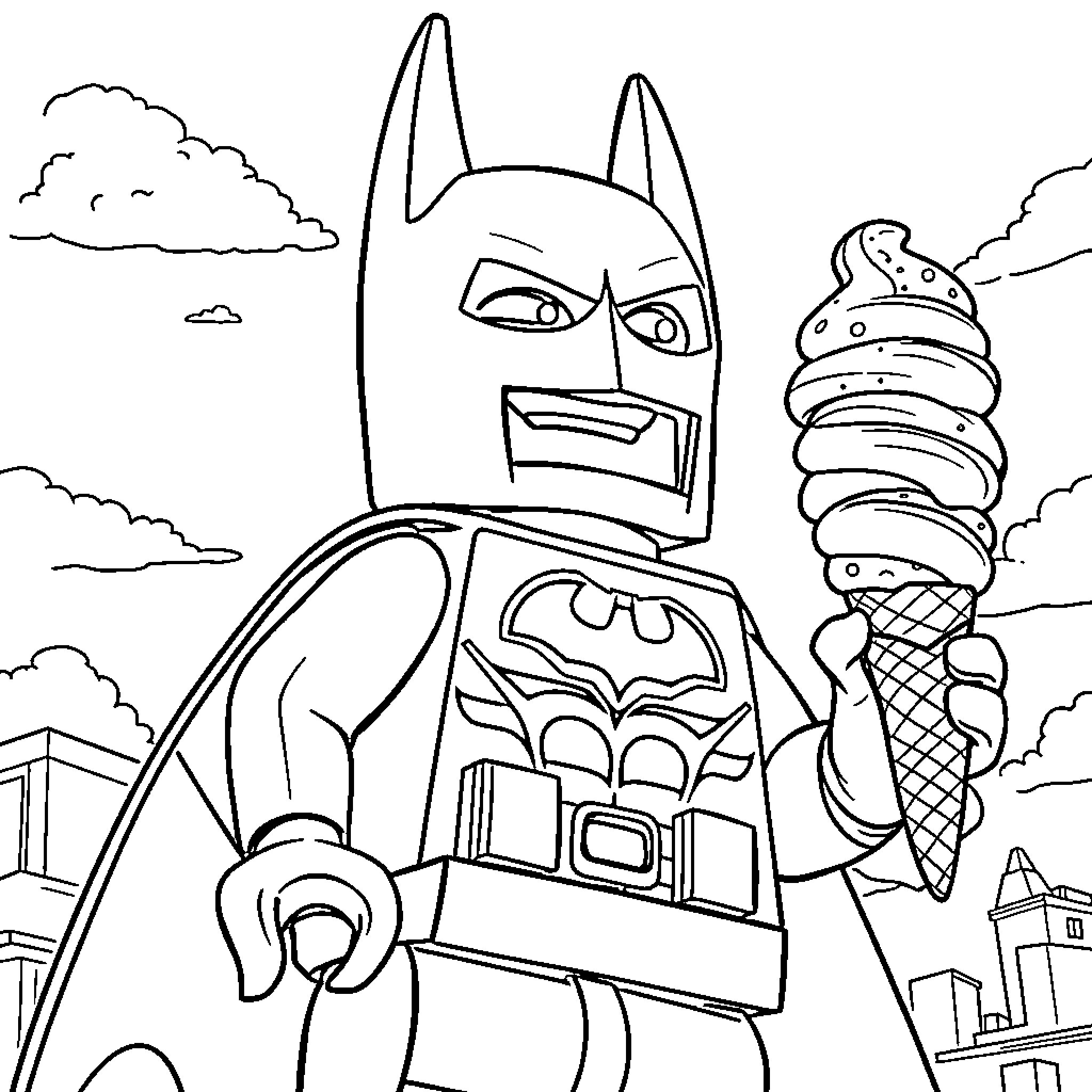 Lego Batman enjoying an ice cream treat Coloring Page (free black-and-white line drawing printable PDF for all, from beginners to advanced learners, including children, teens, adults, and seniors)