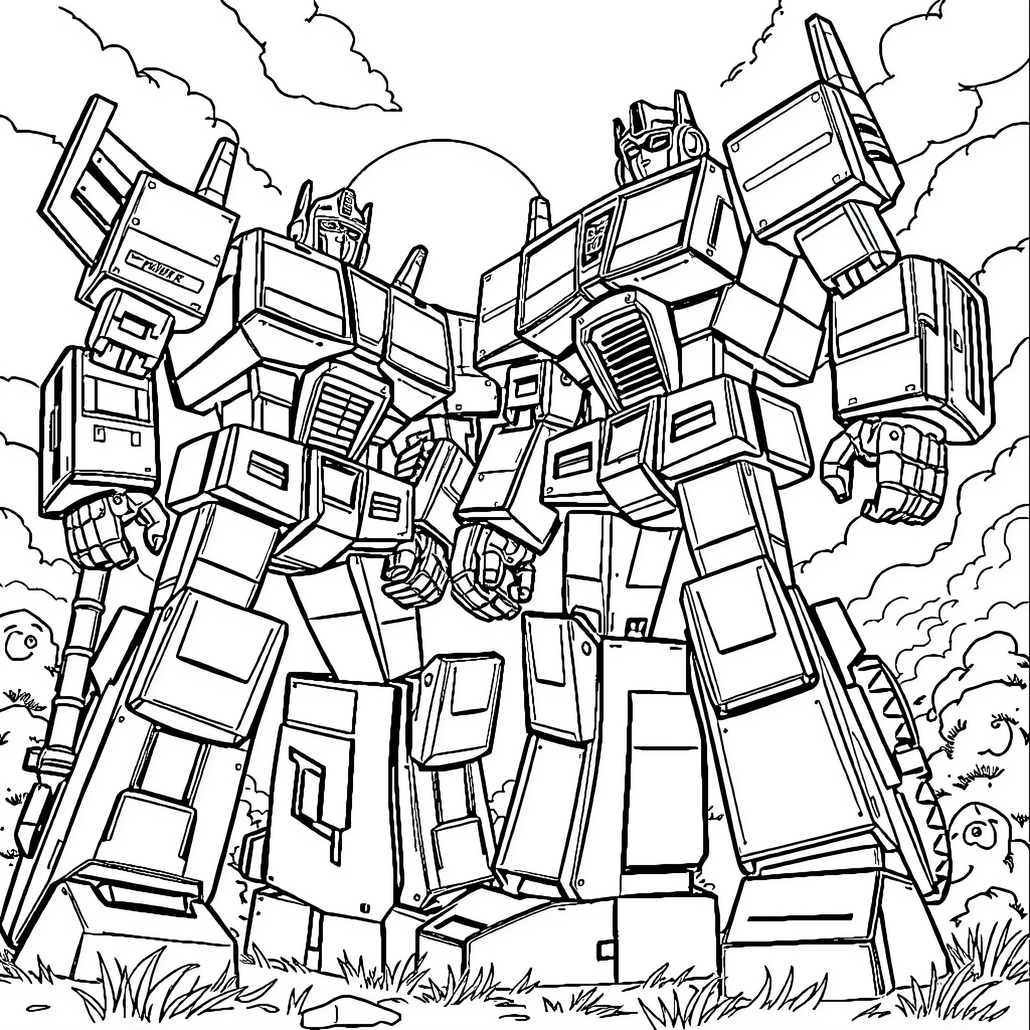 Autobot Formation in the Clouds Coloring Page (free black-and-white line drawing printable PDF for all, from beginners to advanced learners, including children, teens, adults, and seniors)