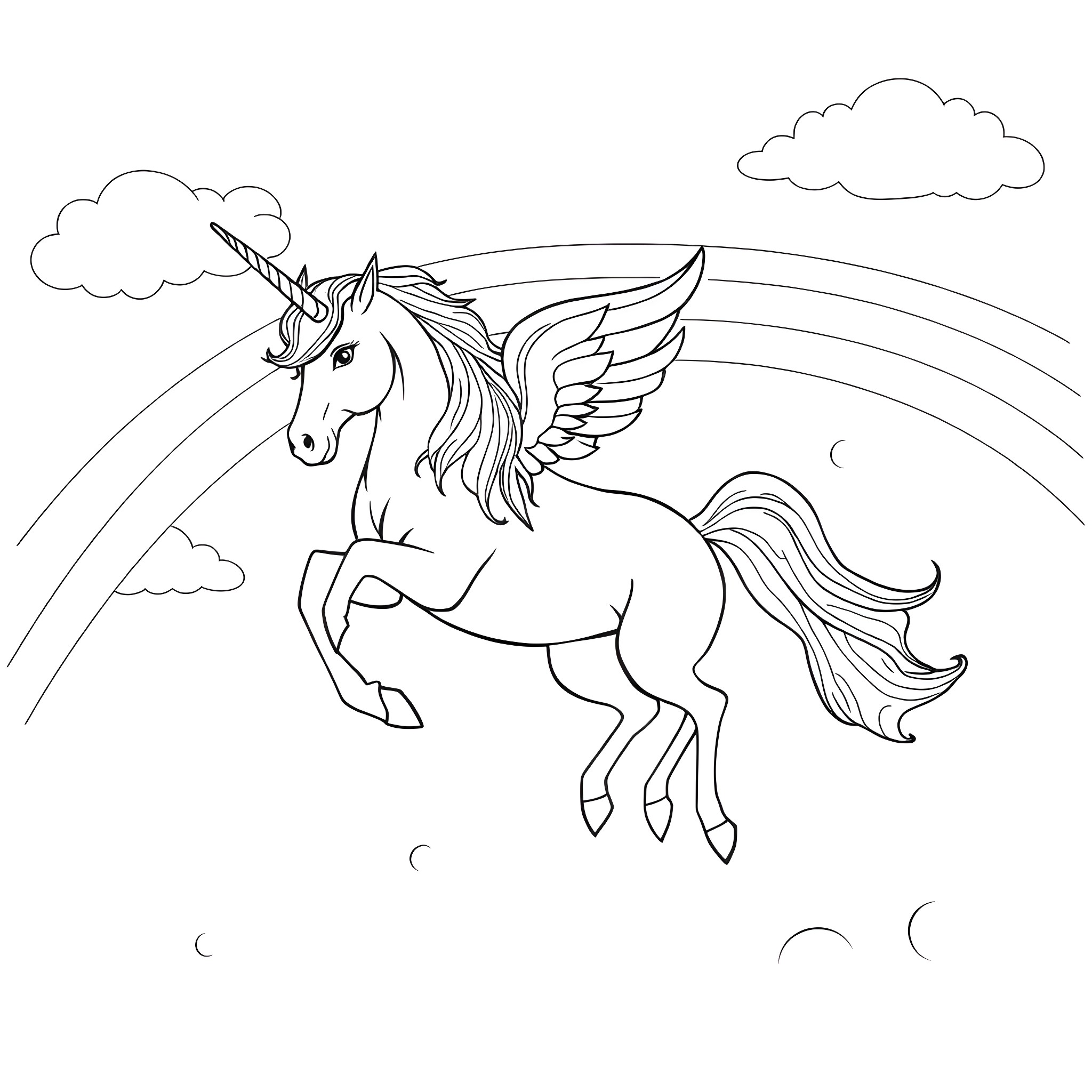 Unicorn soaring through the skies with wings Coloring Page (free black-and-white line drawing printable PDF for all, from beginners to advanced learners, including children, teens, adults, and seniors)