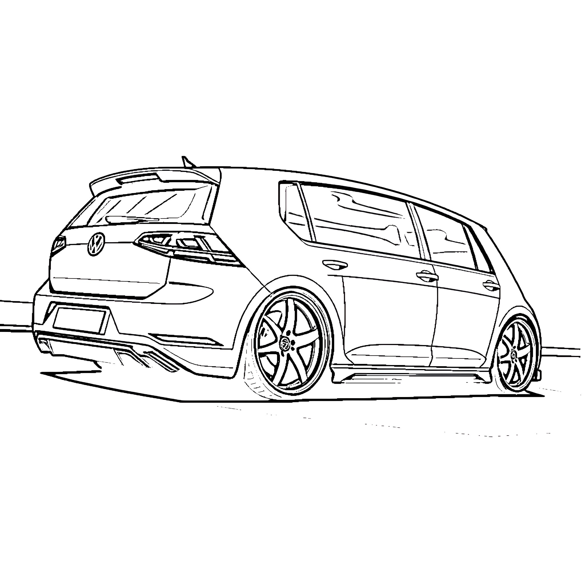 Volkswagen Golf high-performance sports hatchback on road Coloring Page (free black-and-white line drawing printable PDF for all, from beginners to advanced learners, including children, teens, adults, and seniors)