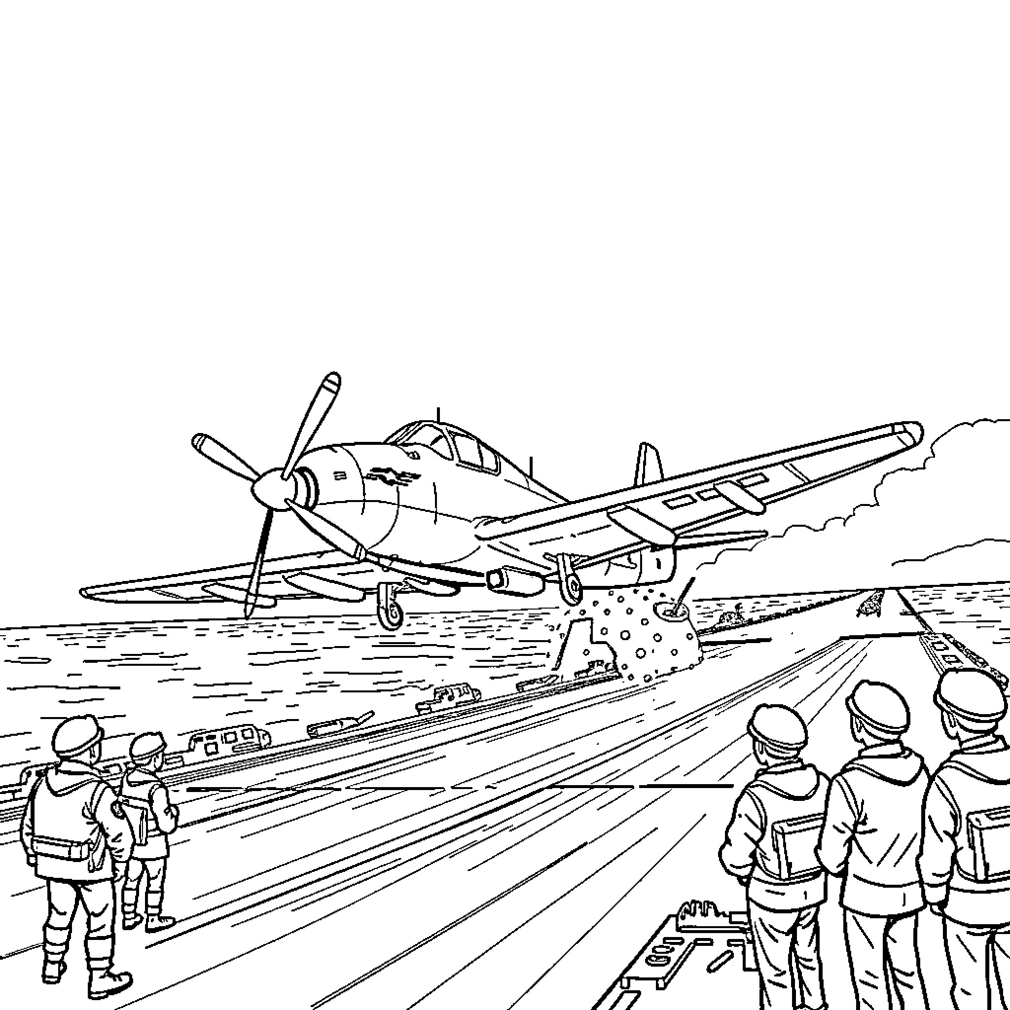Buccaneer Pilots Prepare for Aerial Voyage Coloring Page (free black-and-white line drawing printable PDF for all, from beginners to advanced learners, including children, teens, adults, and seniors)