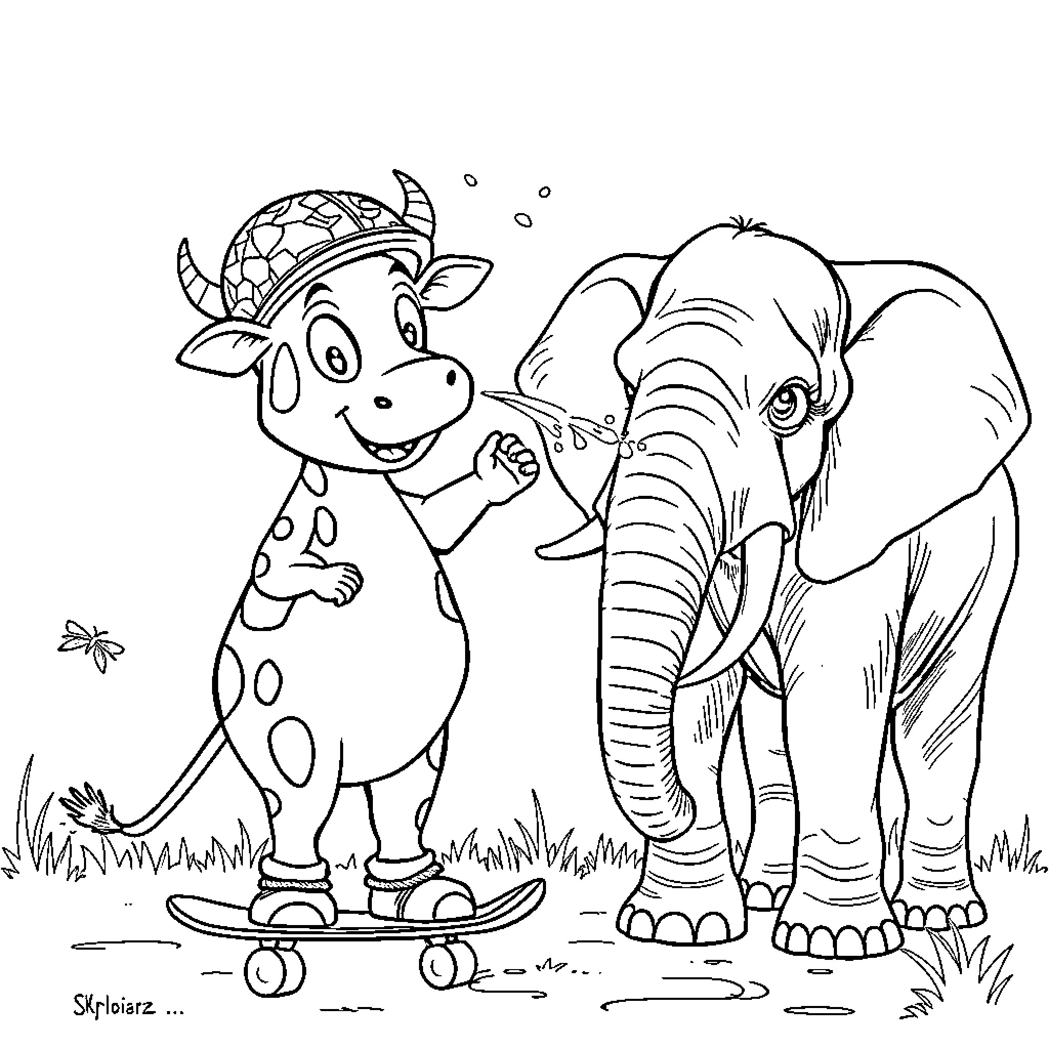 Skater Cow skateboarding with elephant companion Coloring Page (free black-and-white line drawing printable PDF for all, from beginners to advanced learners, including children, teens, adults, and seniors)