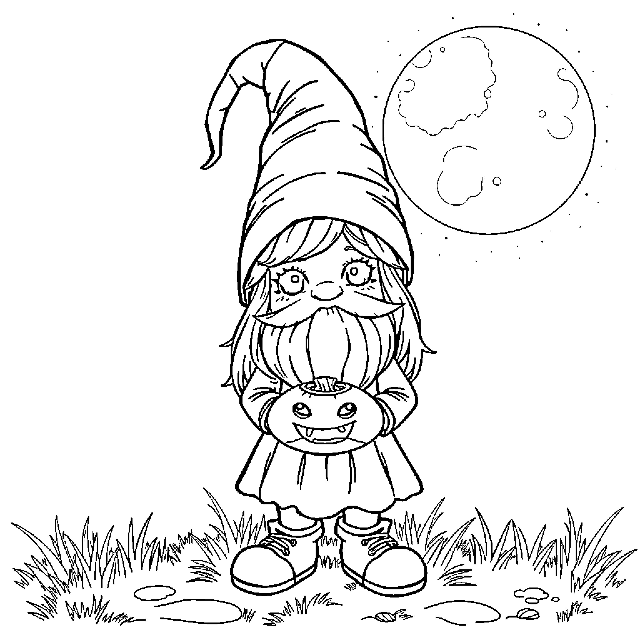 Gnome with Pumpkin Lantern in Moonlit Meadow Coloring Page (free black-and-white line drawing printable PDF for all, from beginners to advanced learners, including children, teens, adults, and seniors)