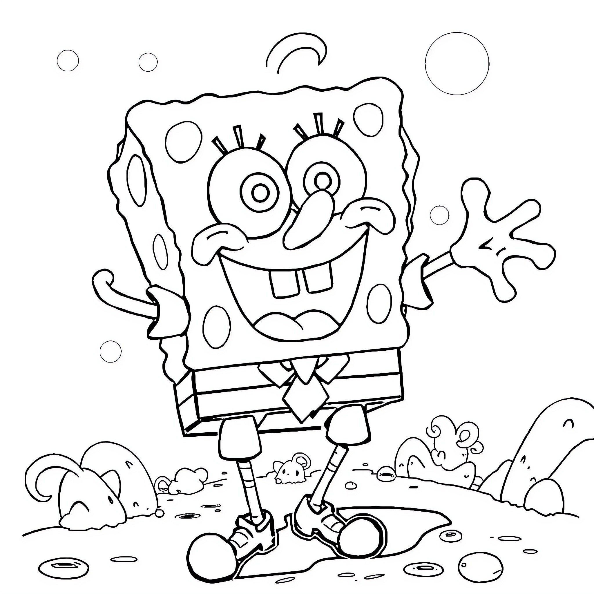 Spongebob happily jumping and splashing in the underwater scene Coloring Page (free black-and-white line drawing printable PDF for all, from beginners to advanced learners, including children, teens, adults, and seniors)