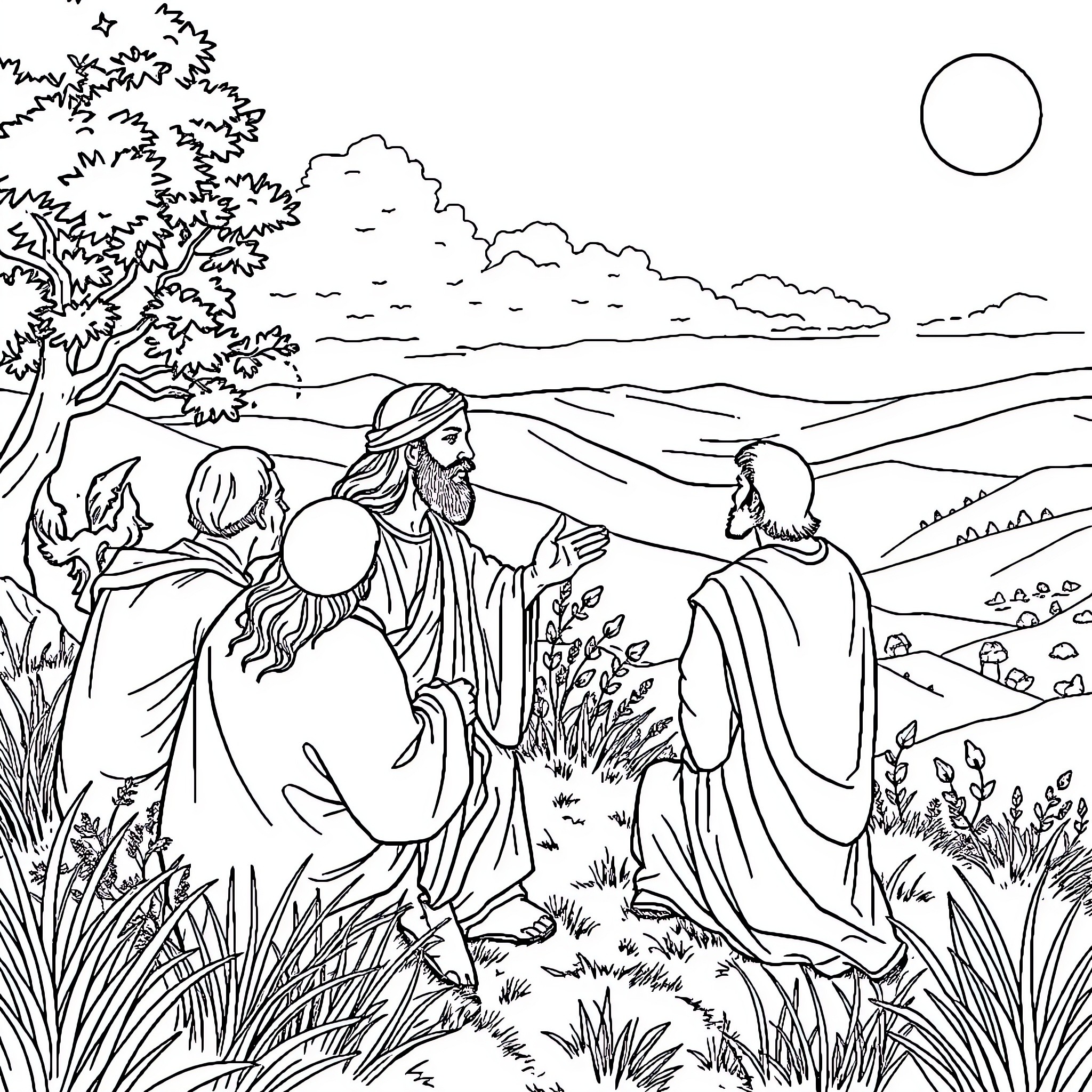 Jesus Teaches Disciples Amidst Scenic Landscape Coloring Page (free black-and-white line drawing printable PDF for all, from beginners to advanced learners, including children, teens, adults, and seniors)
