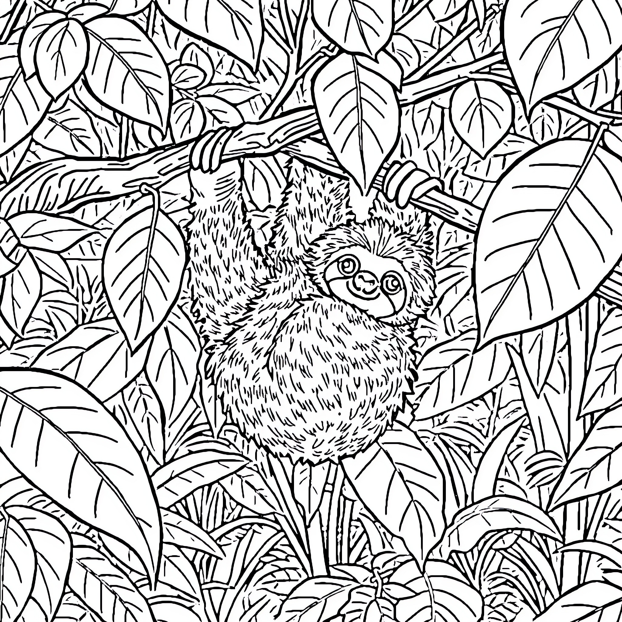 Sloth resting peacefully in lush jungle foliage Coloring Page (free black-and-white line drawing printable PDF for all, from beginners to advanced learners, including children, teens, adults, and seniors)