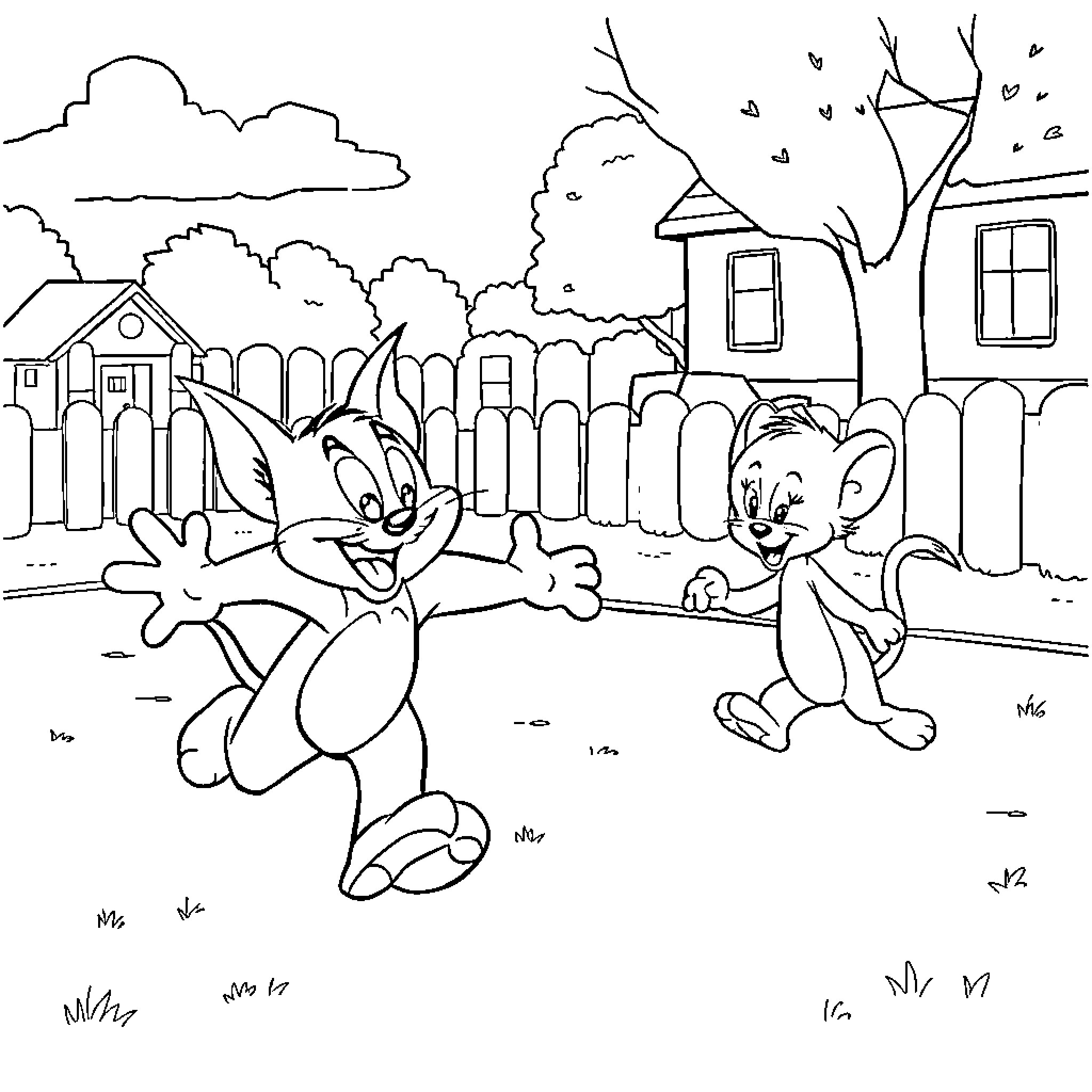 Tom and Jerry playing mischievously in the backyard Coloring Page (free black-and-white line drawing printable PDF for all, from beginners to advanced learners, including children, teens, adults, and seniors)