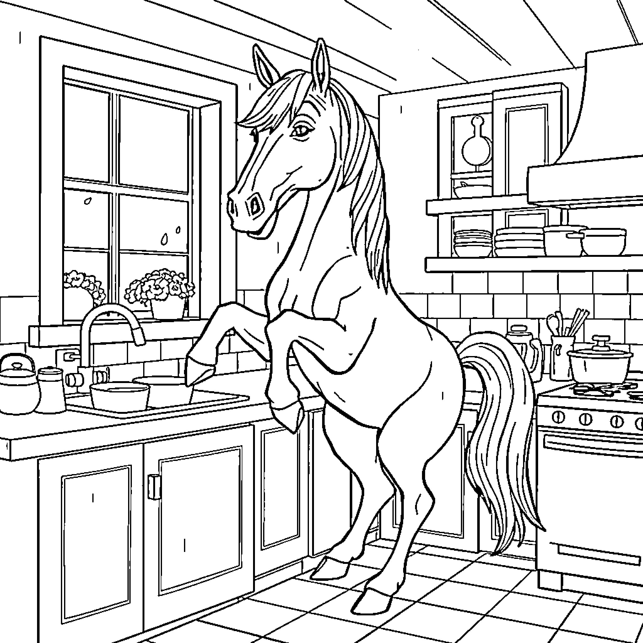 Horse standing proudly in the kitchen Coloring Page (free black-and-white line drawing printable PDF for all, from beginners to advanced learners, including children, teens, adults, and seniors)