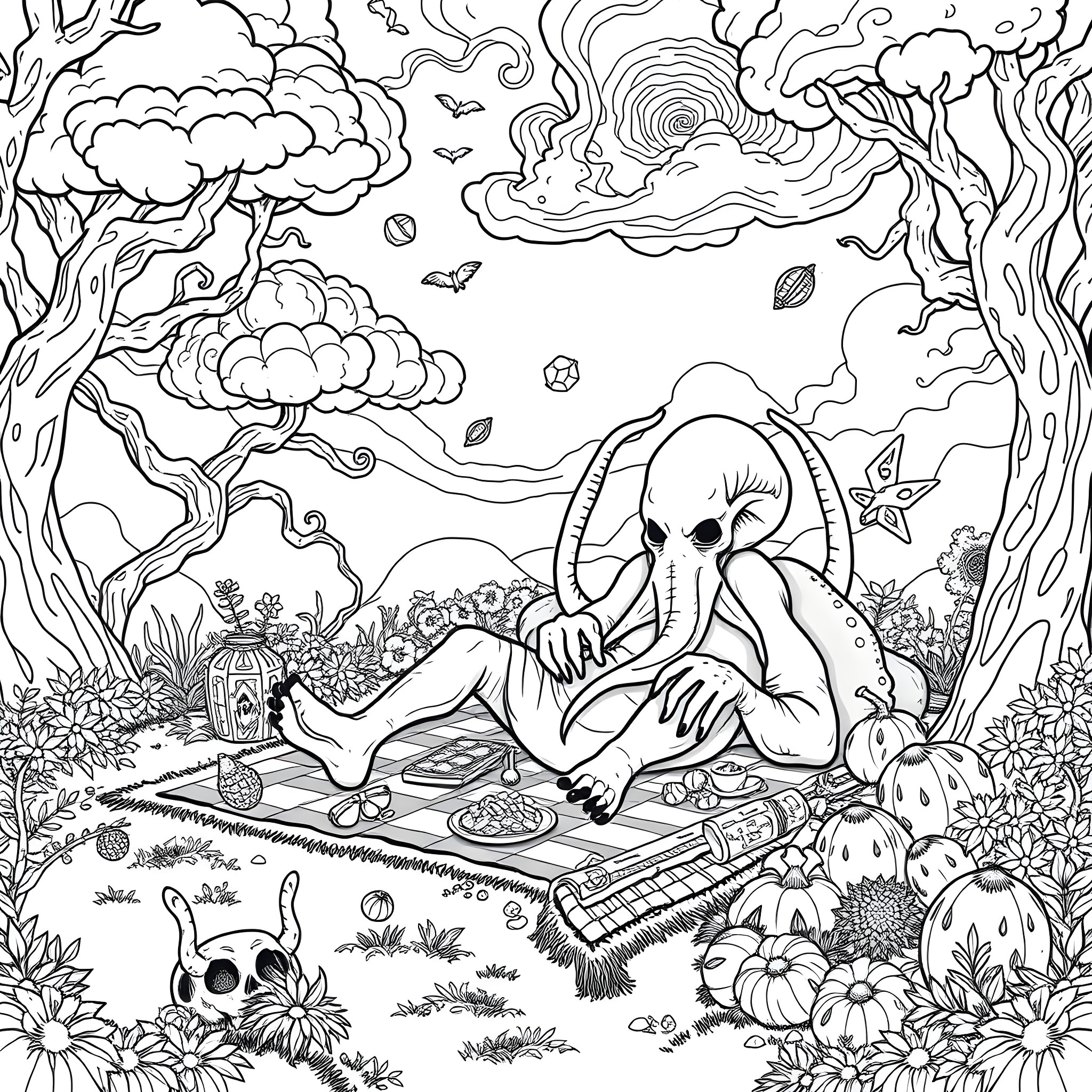 Nyarlathotep's Mystical Musings in the Enchanted Woodland Coloring Page (free black-and-white line drawing printable PDF for all, from beginners to advanced learners, including children, teens, adults, and seniors)