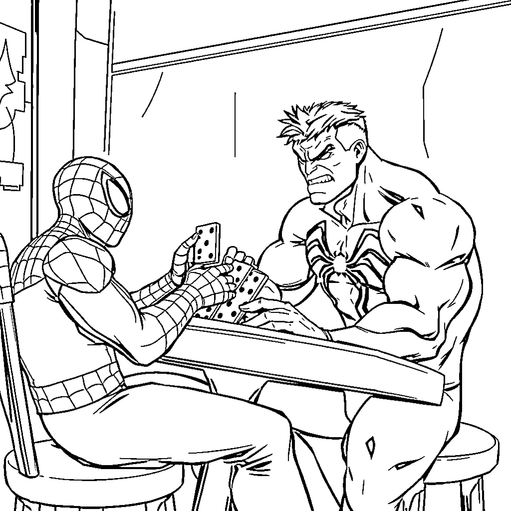 Spiderman confronting a muscular villain in a room Coloring Page (free black-and-white line drawing printable PDF for all, from beginners to advanced learners, including children, teens, adults, and seniors)
