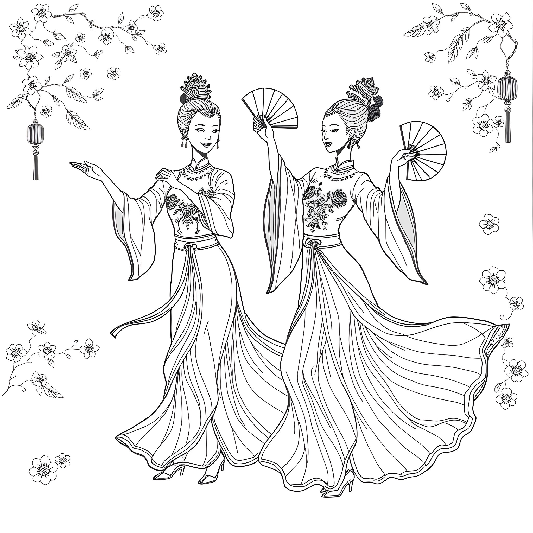Dancer in traditional Japanese kimono with floral motifs Coloring Page (free black-and-white line drawing printable PDF for all, from beginners to advanced learners, including children, teens, adults, and seniors)