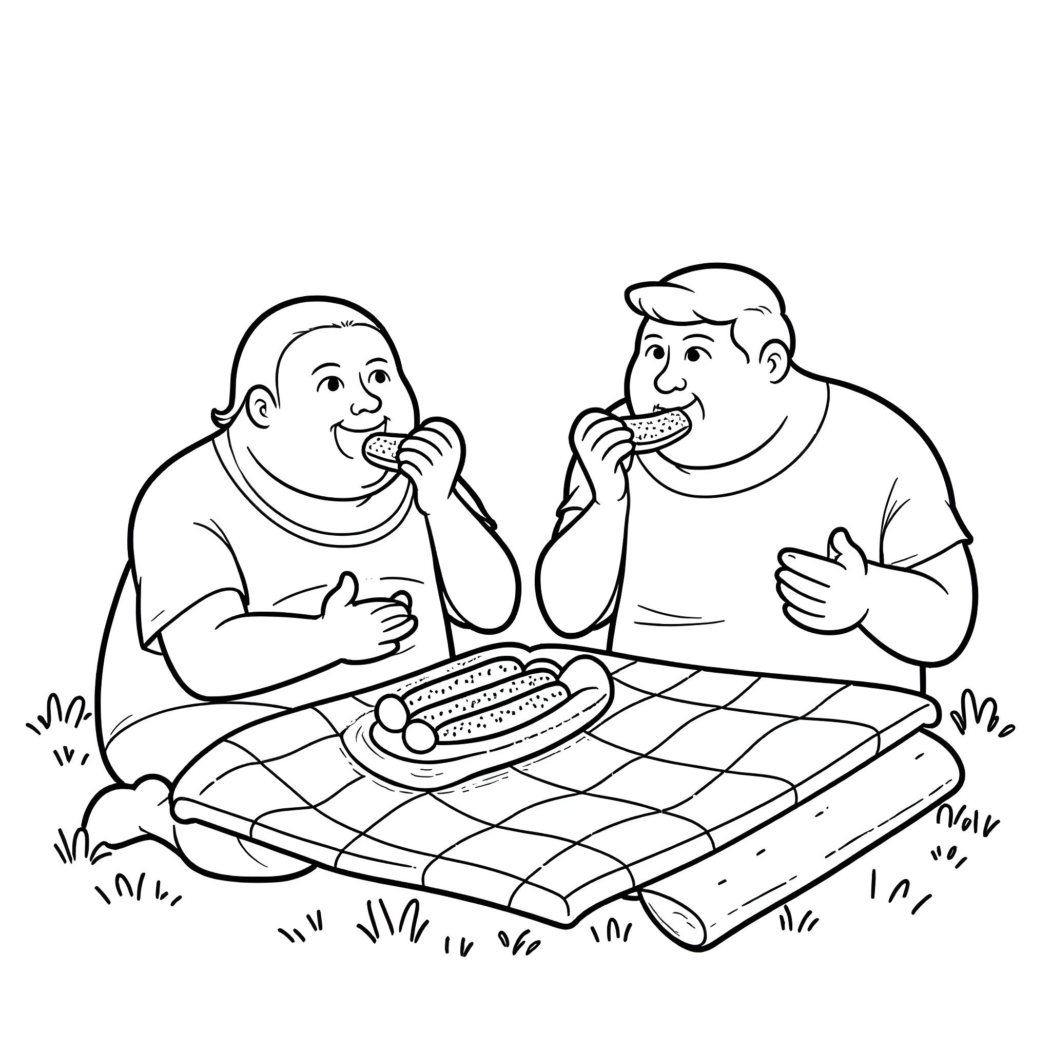 Guy eating hot dogs with friend on picnic blanket Coloring Page (free black-and-white line drawing printable PDF for all, from beginners to advanced learners, including children, teens, adults, and seniors)