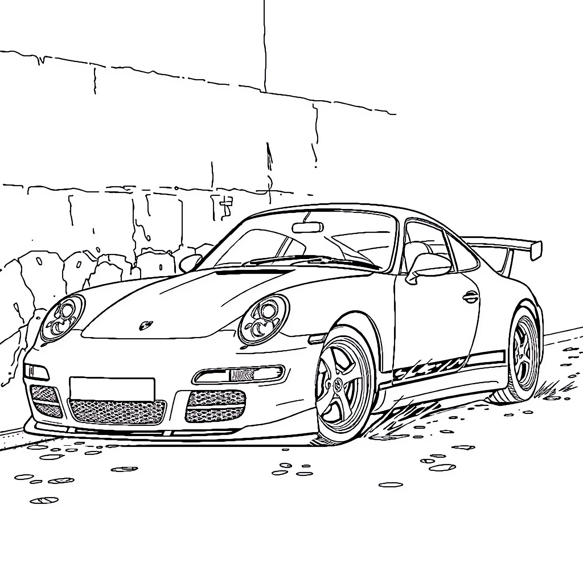 Porsche racing sports car on the track Coloring Page (free black-and-white line drawing printable PDF for all, from beginners to advanced learners, including children, teens, adults, and seniors)